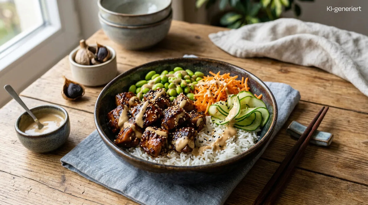 Black Garlic Chicken Bowl aus dem Airfryer mit Hähnchen, Reis und Sesam