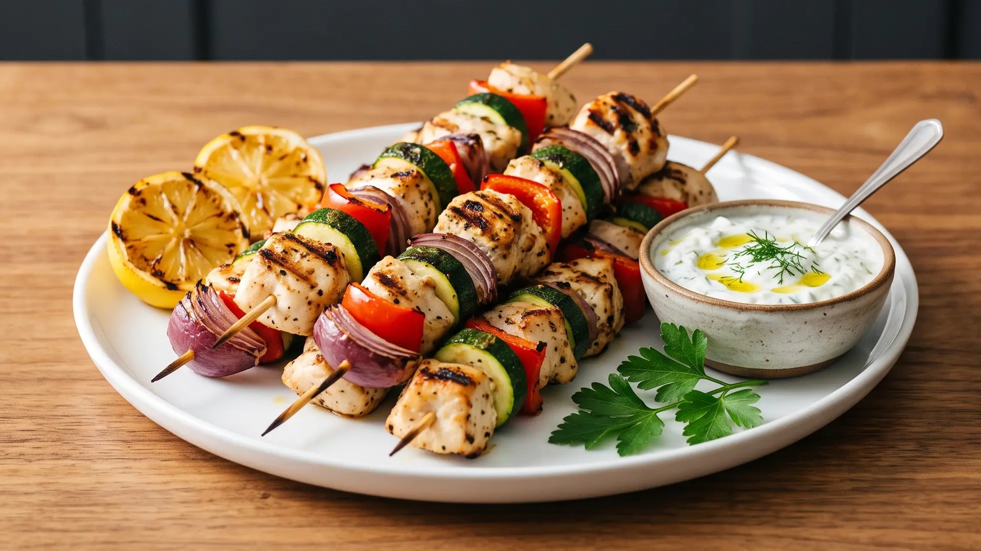 Mediterrane Hähnchenspieße vom Grill mit Zucchini, Paprika, roter Zwiebel und Knoblauchsauce