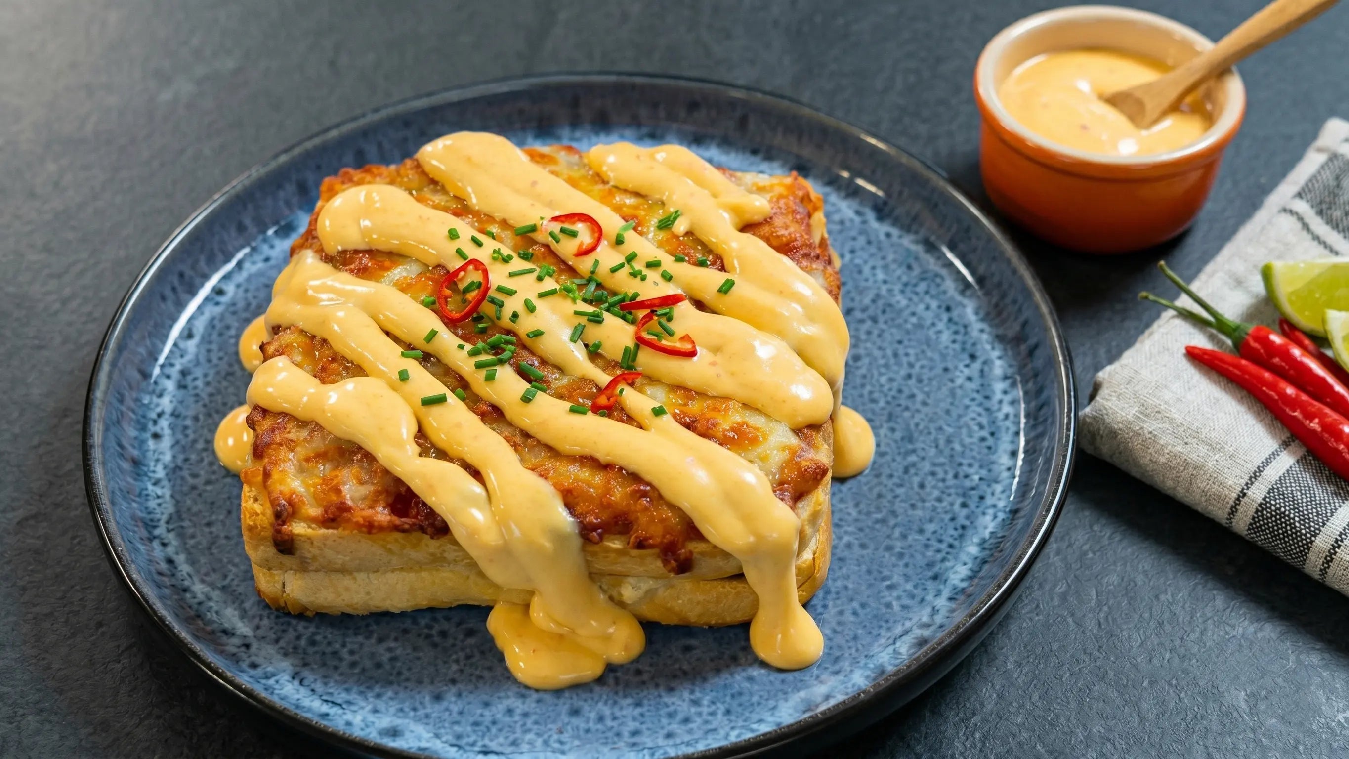 Pizza Toast mit Sambal-Hollandaise Sauce als Topping