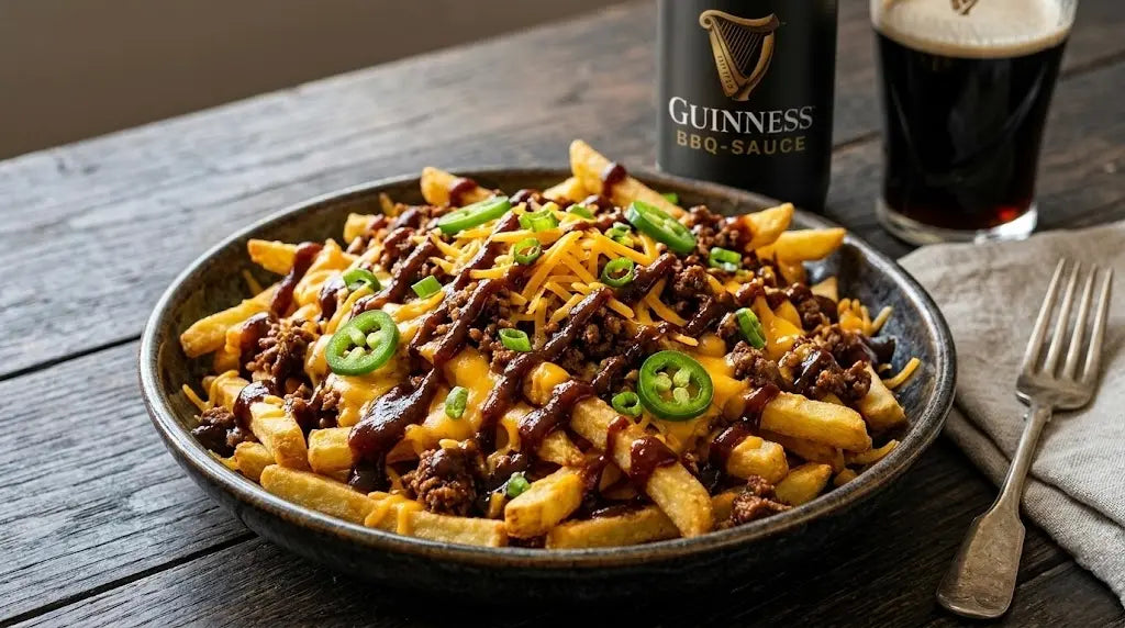 Guinness BBQ Loaded Fries mit Hackfleisch & Cheddar