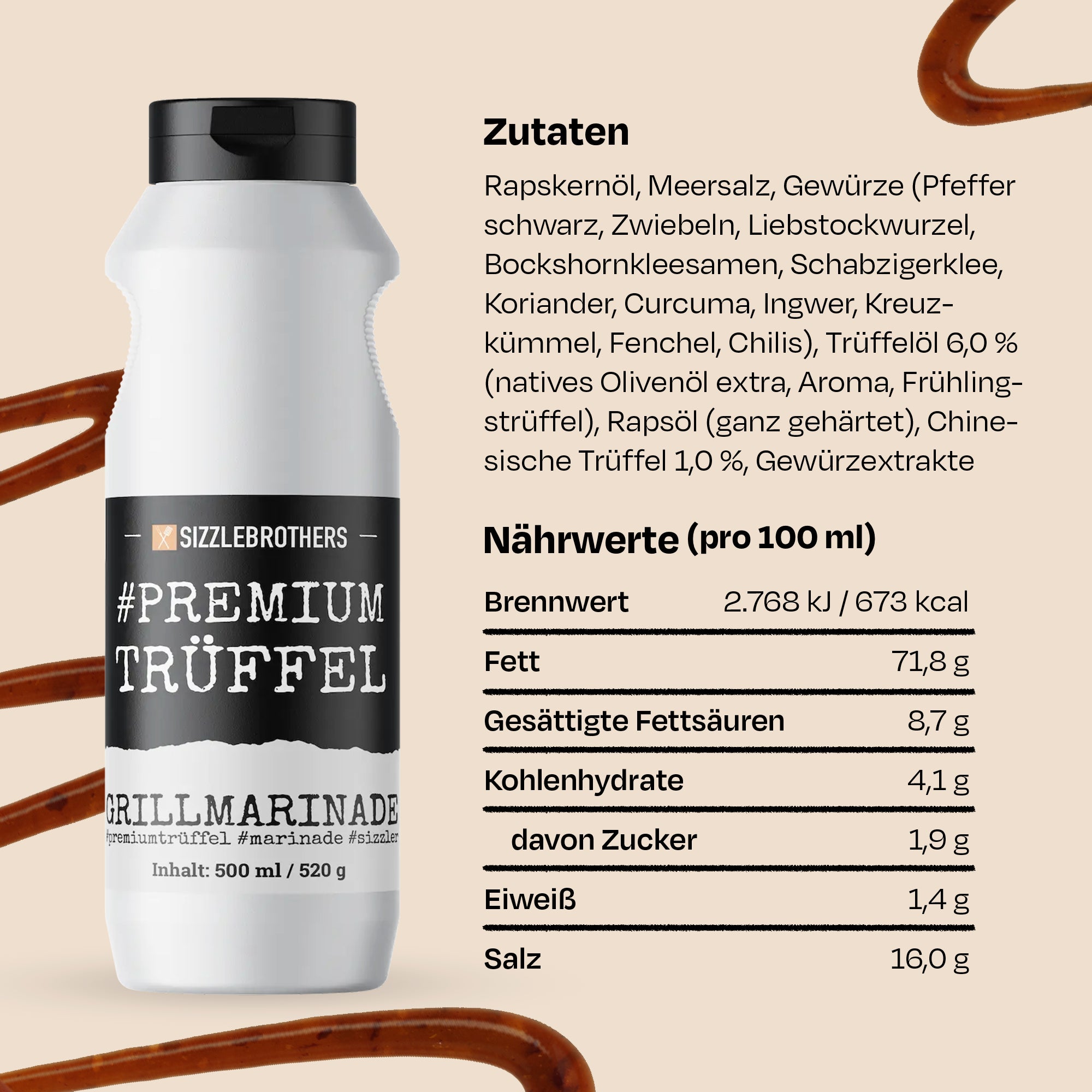 Weiße Flasche #PREMIUM TRÜFFEL Grillmarinade. Zutaten und Nährwerte neben der Flasche aufgeführt.