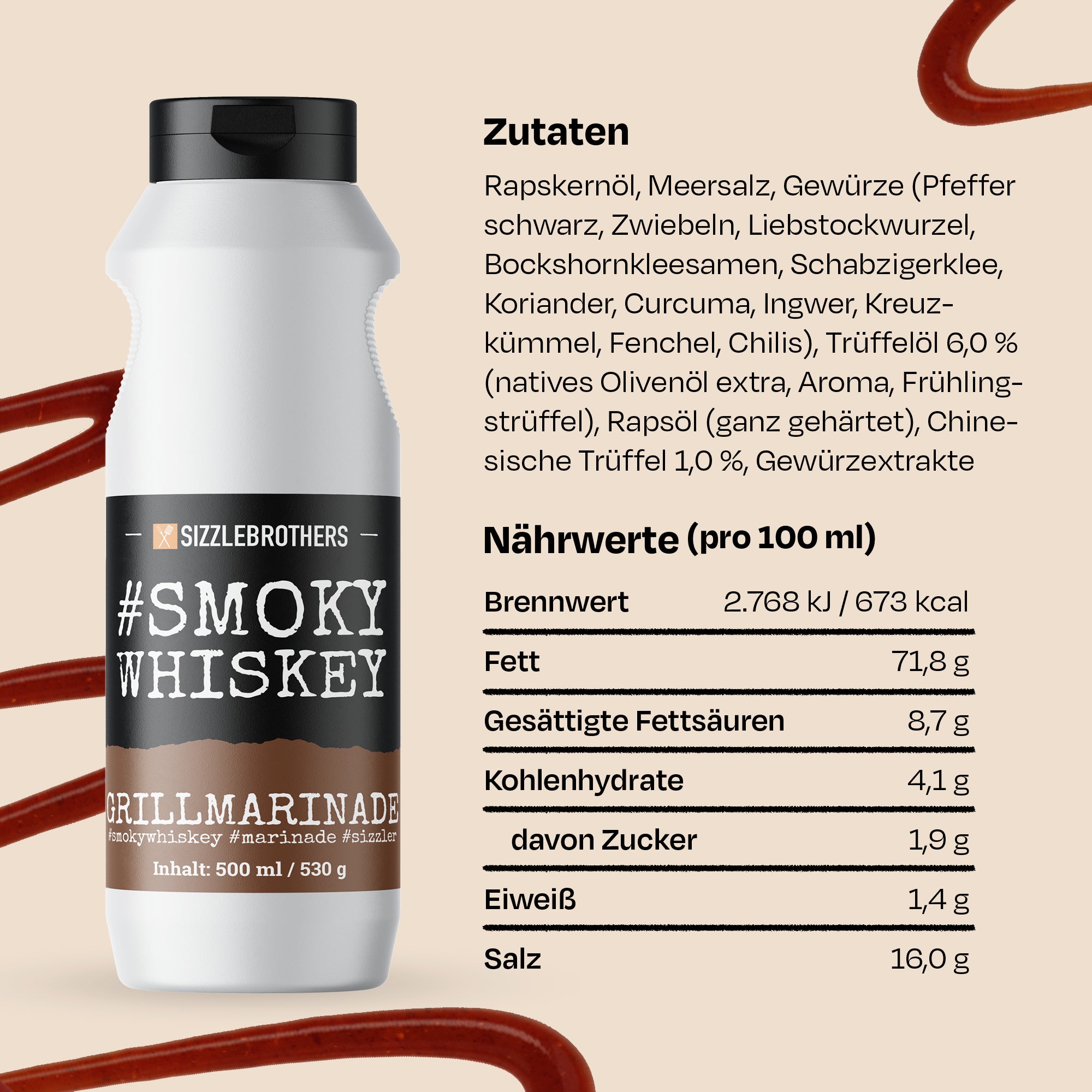 Weiße Flasche #SMOKEY WHISKEY Grillmarinade. Zutaten und Nährwerte neben der Flasche aufgeführt.