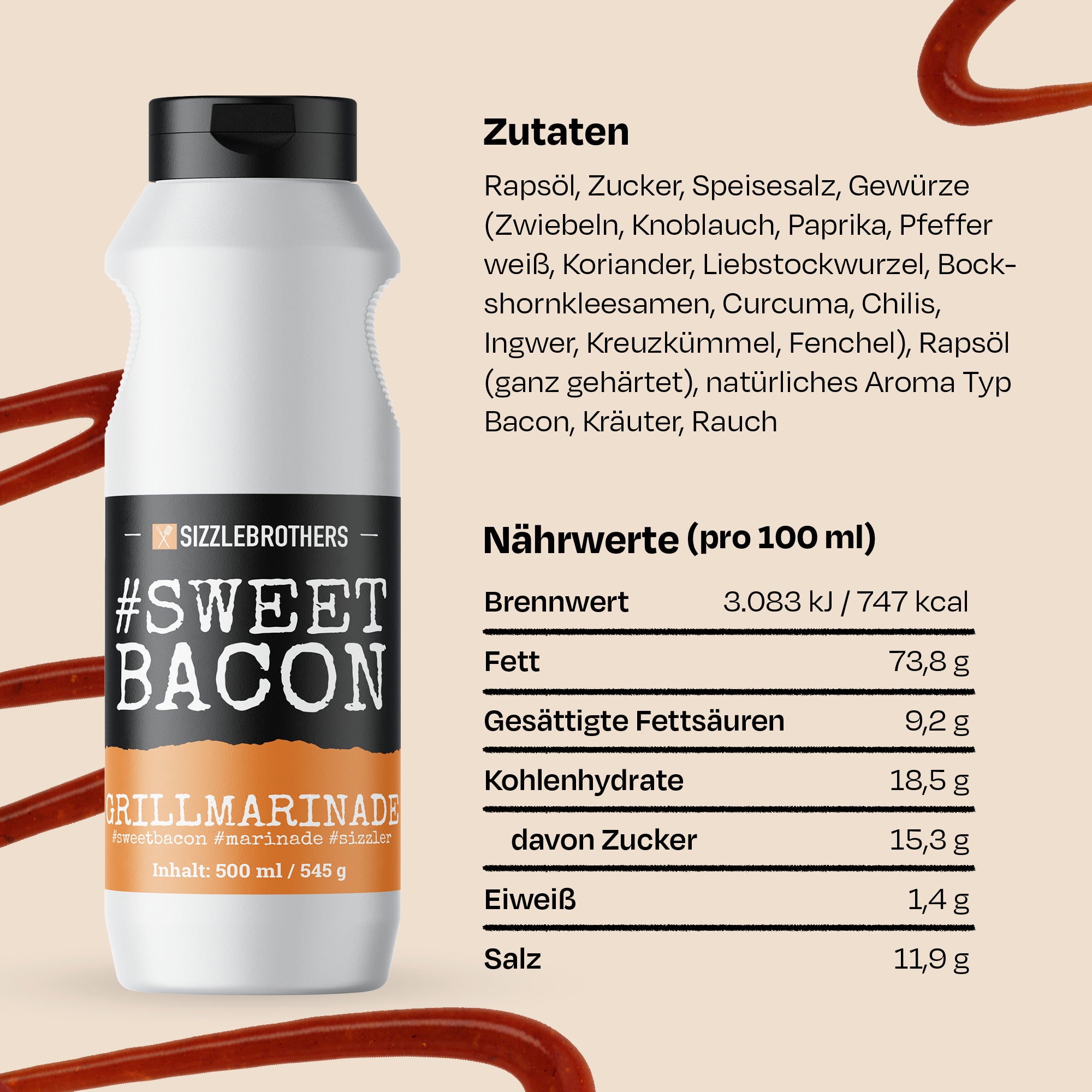 Weiße Flasche #SWEET BACON Grillmarinade. Zutaten und Nährwerte neben der Flasche aufgeführt.