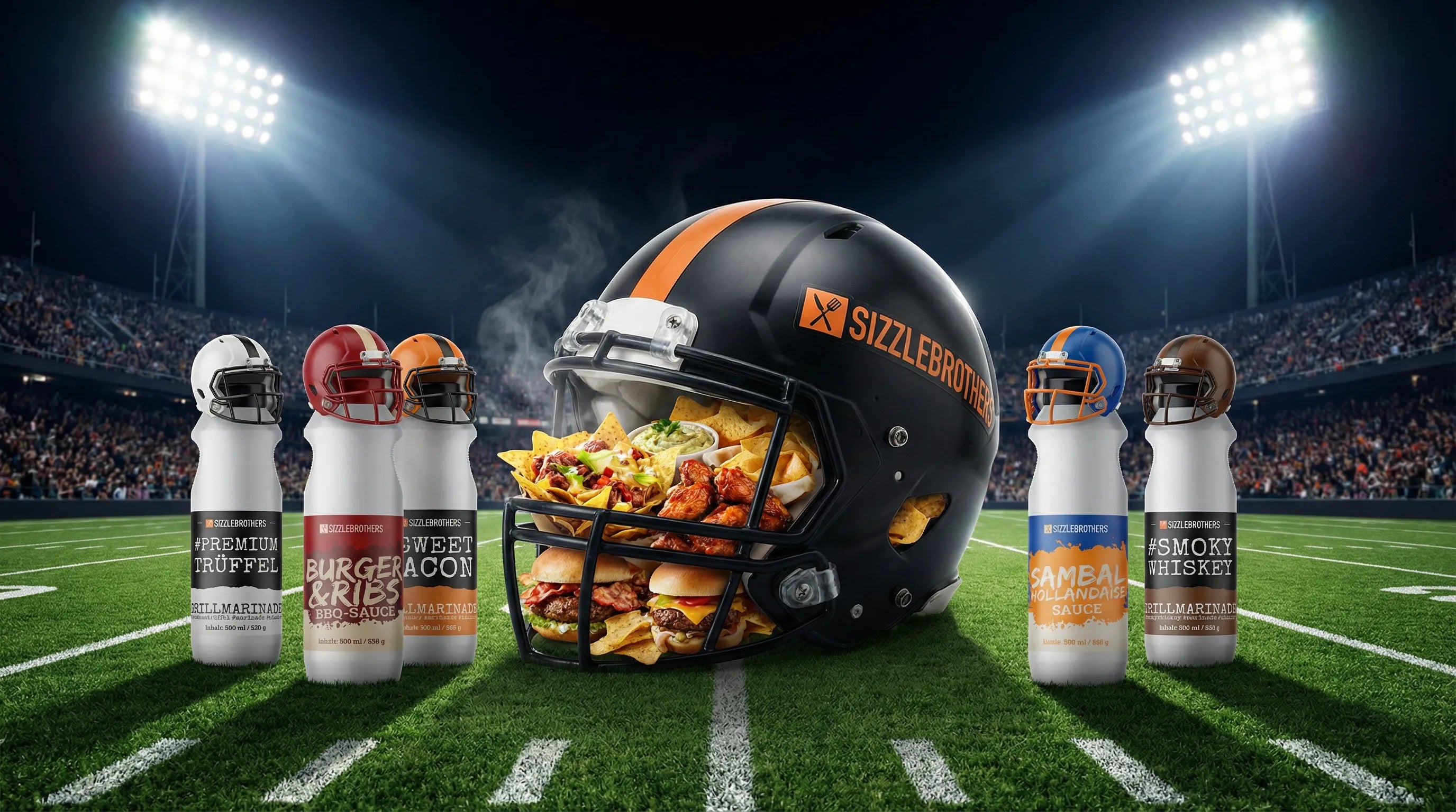 Grillsoßenflaschen neben Helm gefüllt mit Fast Food, beleuchtetes Stadion.