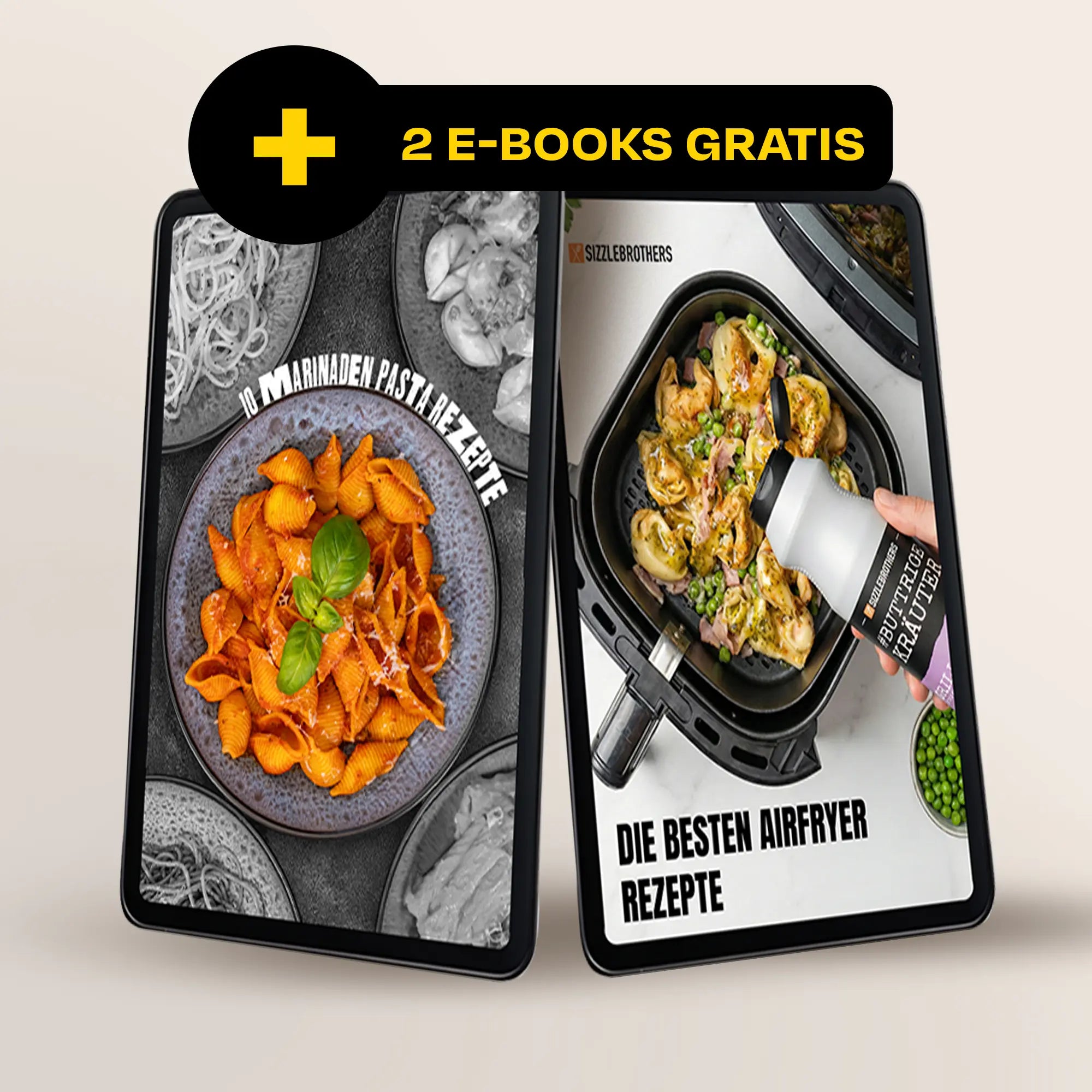 Zwei E-Books: "10 Marinaden Pasta Rezepte" und "Die besten Airfryer Rezepte" mit Abbildung von Speisen.