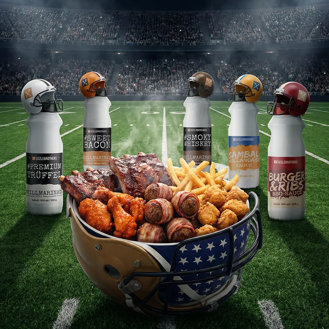 Helm mit Snacks und Grillsoßenflaschen, Stadion im Hintergrund.