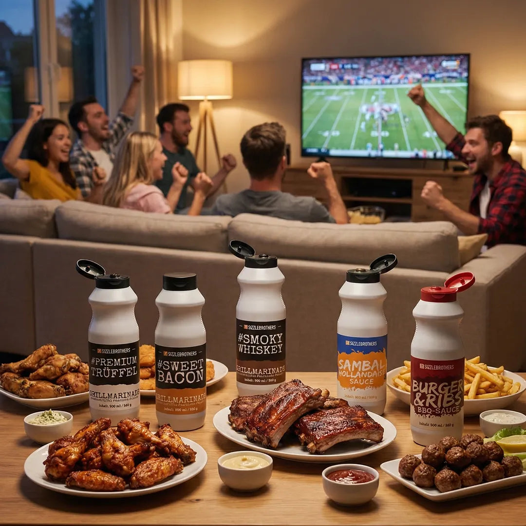 Gruppe jubelt vor TV mit Tisch voller Grillsoßen und Fleischgerichten.