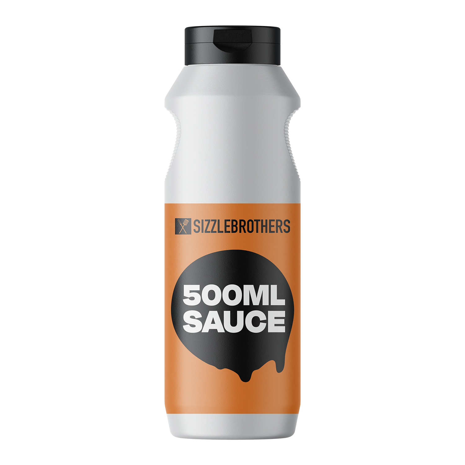 500ml Flasche mit Aufschrift 'Sizzle Brothers 500ML Sauce' auf grauem Hintergrund.