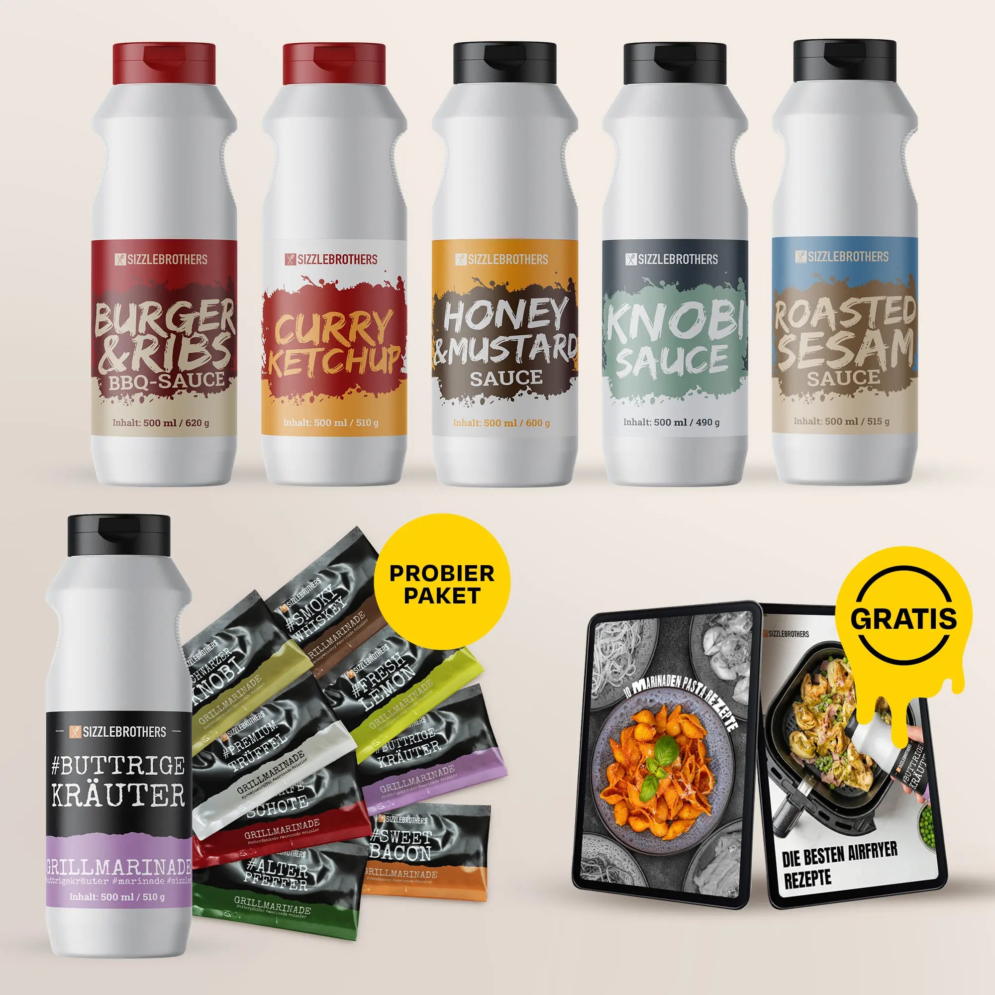 Sechs weiße Saucenflaschen, ein Rezeptbuch und fünf Marinadenproben mit „PROBIER PAKET“.