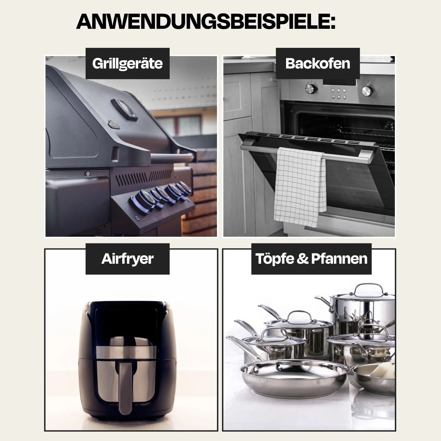 Vier Bereiche: Grillgeräte, Backofen, Airfryer, Töpfe und Pfannen mit Text.