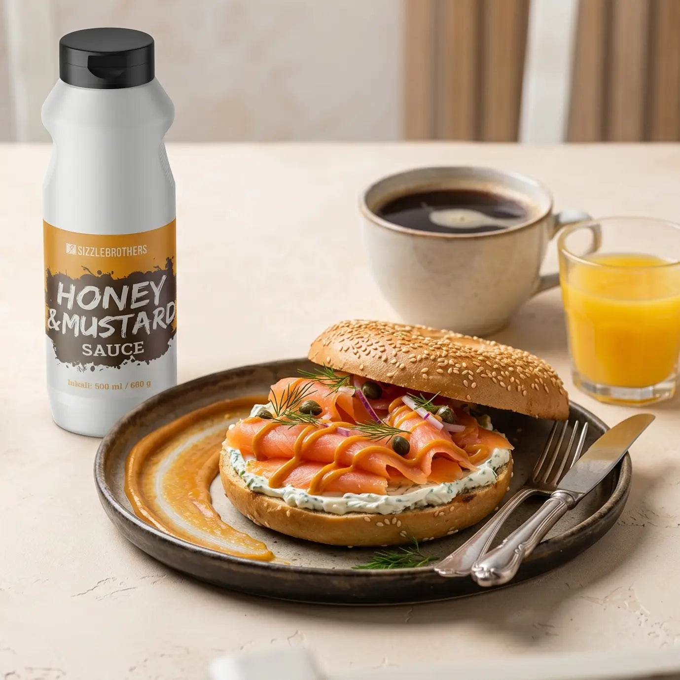 Brötchen mit Räucherlachs und Frischkäse, daneben eine Flasche Honig-Senf-Sauce und Kaffee.
