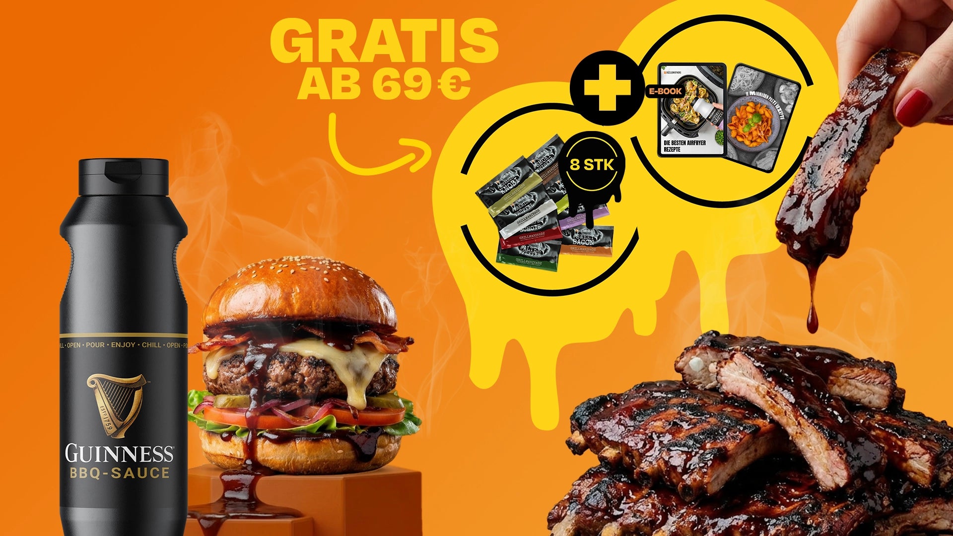 Guinness BBQ-Sauce, Burger, Rippchen und Text: 'Gratis ab 69 €' auf orangefarbenem Hintergrund.