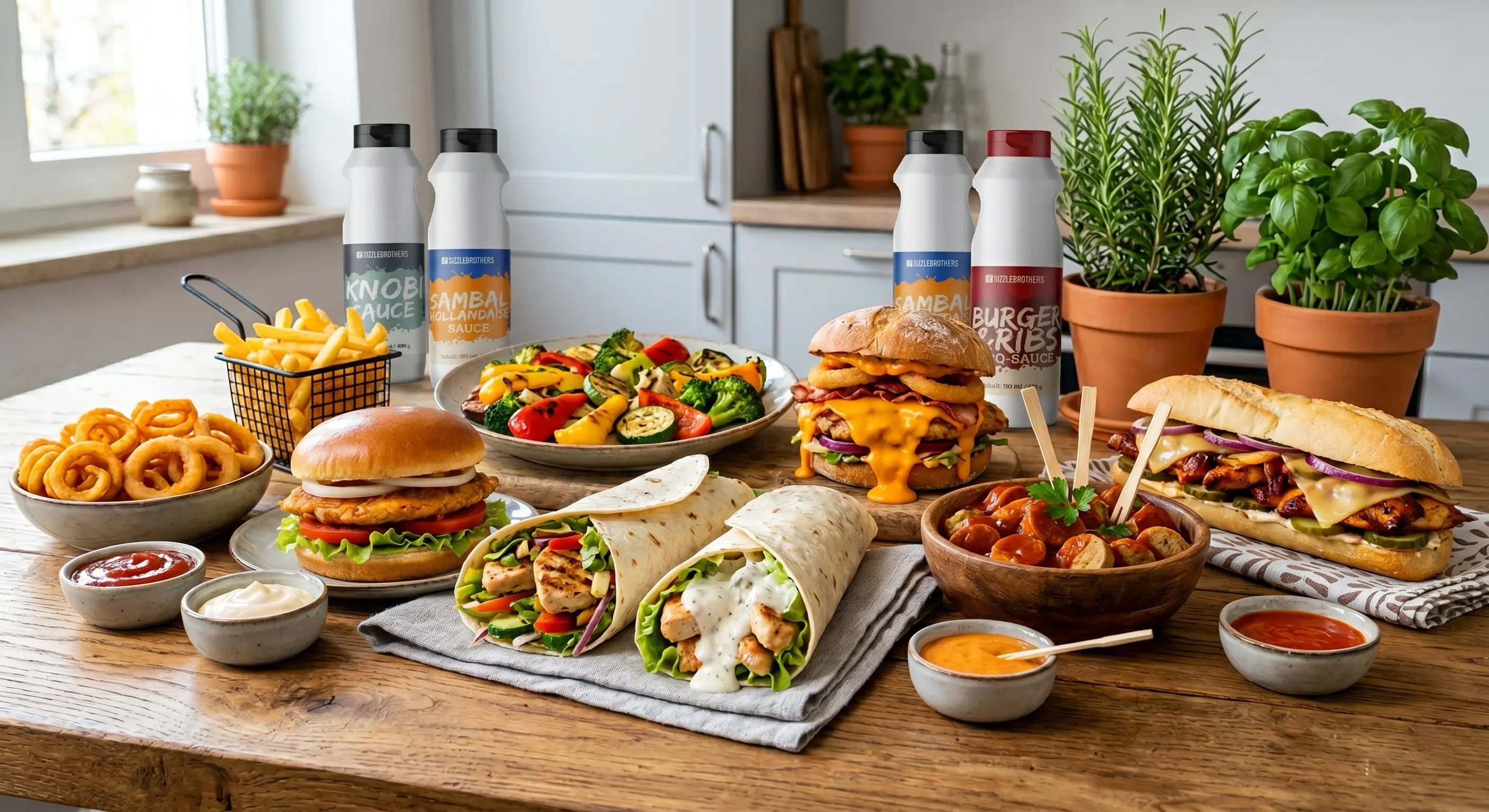 Vielfalt an Speisen auf dem Tisch, darunter Burger, Wraps, Pommes und verschiedene Saucen.