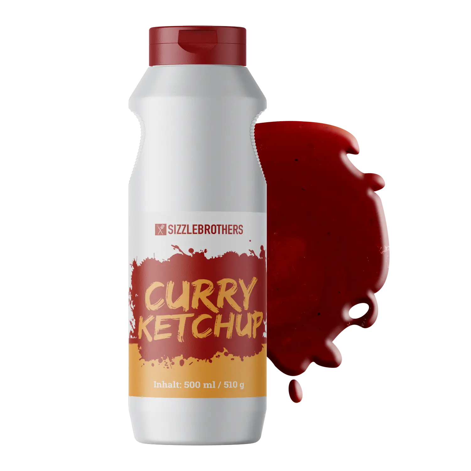 Weiße Flasche Curry Ketchup mit rotem Deckel, daneben spritzende rote Sauce, 500 ml.