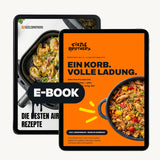 Zwei Tablets mit 'Die besten Airfryer Rezepte' und 'Ein Korb. Volle Ladung.' und E-Book-Logo.