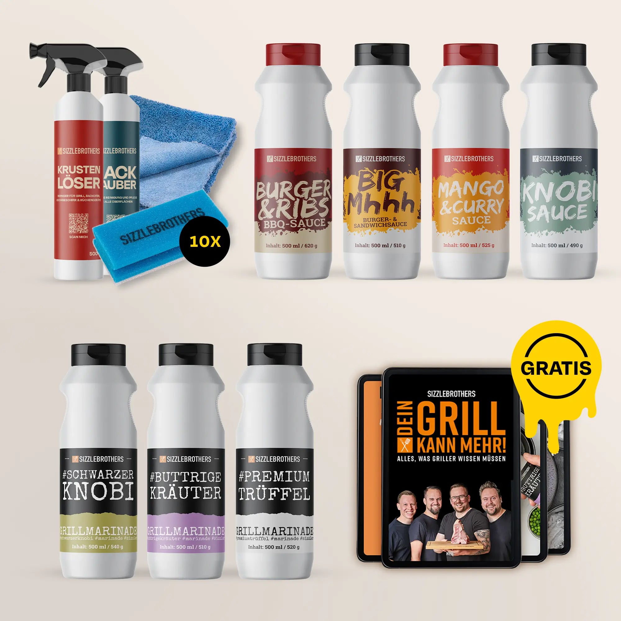 Saucenflaschen, Sprühflaschen, blaue Tücher und zwei Bücher mit Gratis-Aufschrift.