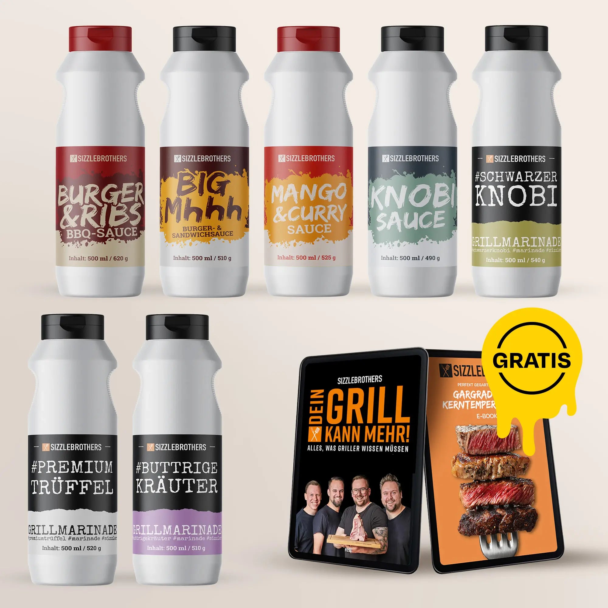 Acht Flaschen Saucen in zwei Reihen und zwei BĂĽcher mit gelber Gratis-Aufschrift.