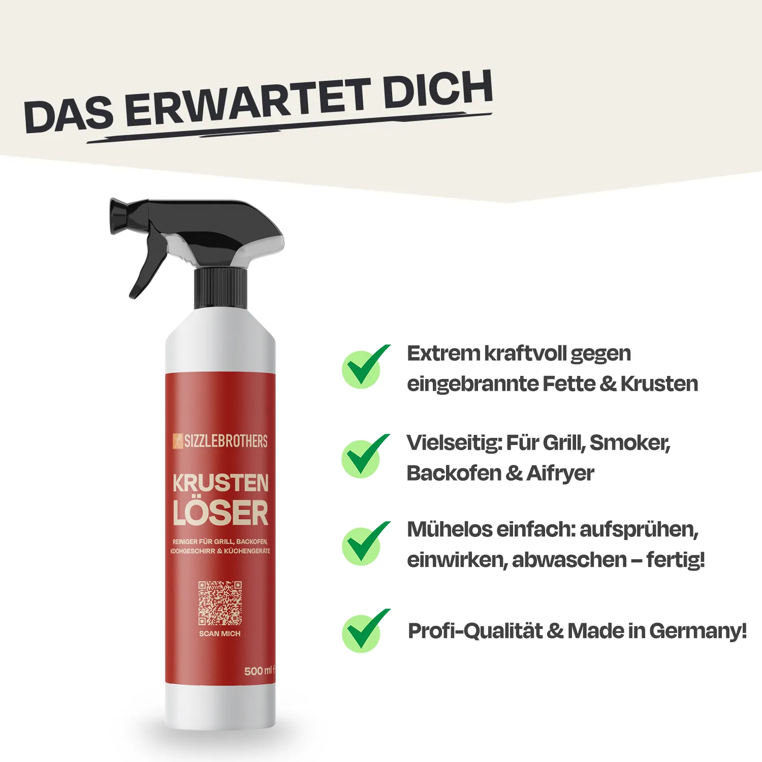 Sprühflasche mit Reinigungsprodukt, daneben Häkchen mit Text über Eigenschaften.