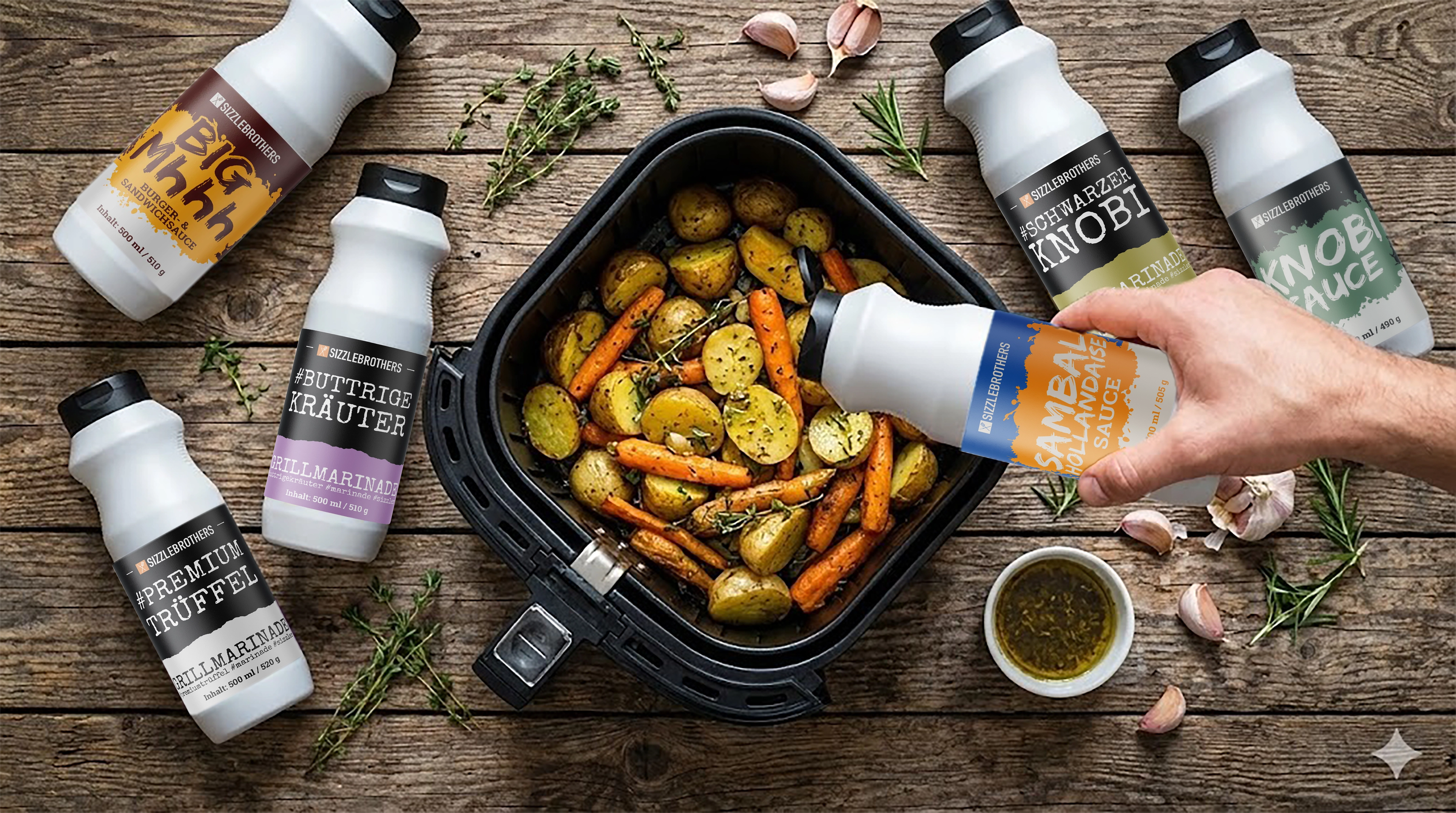 Gebackenes Gemüse in einer Quadratschüssel mit verschiedenen Soßenflaschen drumherum.