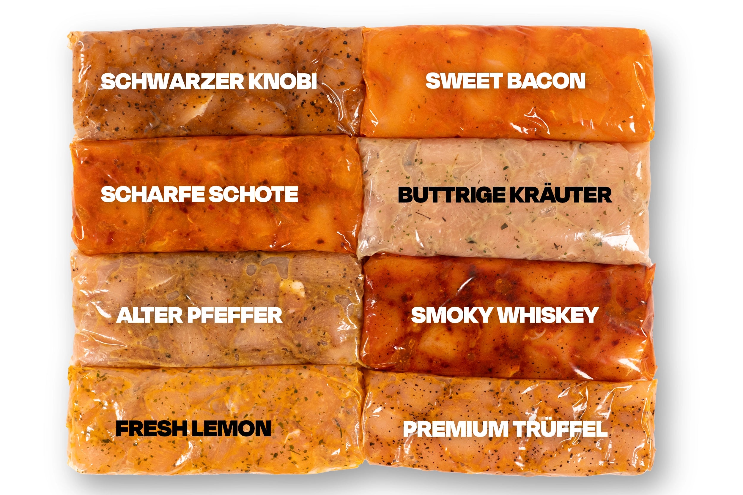 Acht vakuumierte Marinaden in verschiedenen Farben mit deutschen Namen beschriftet.