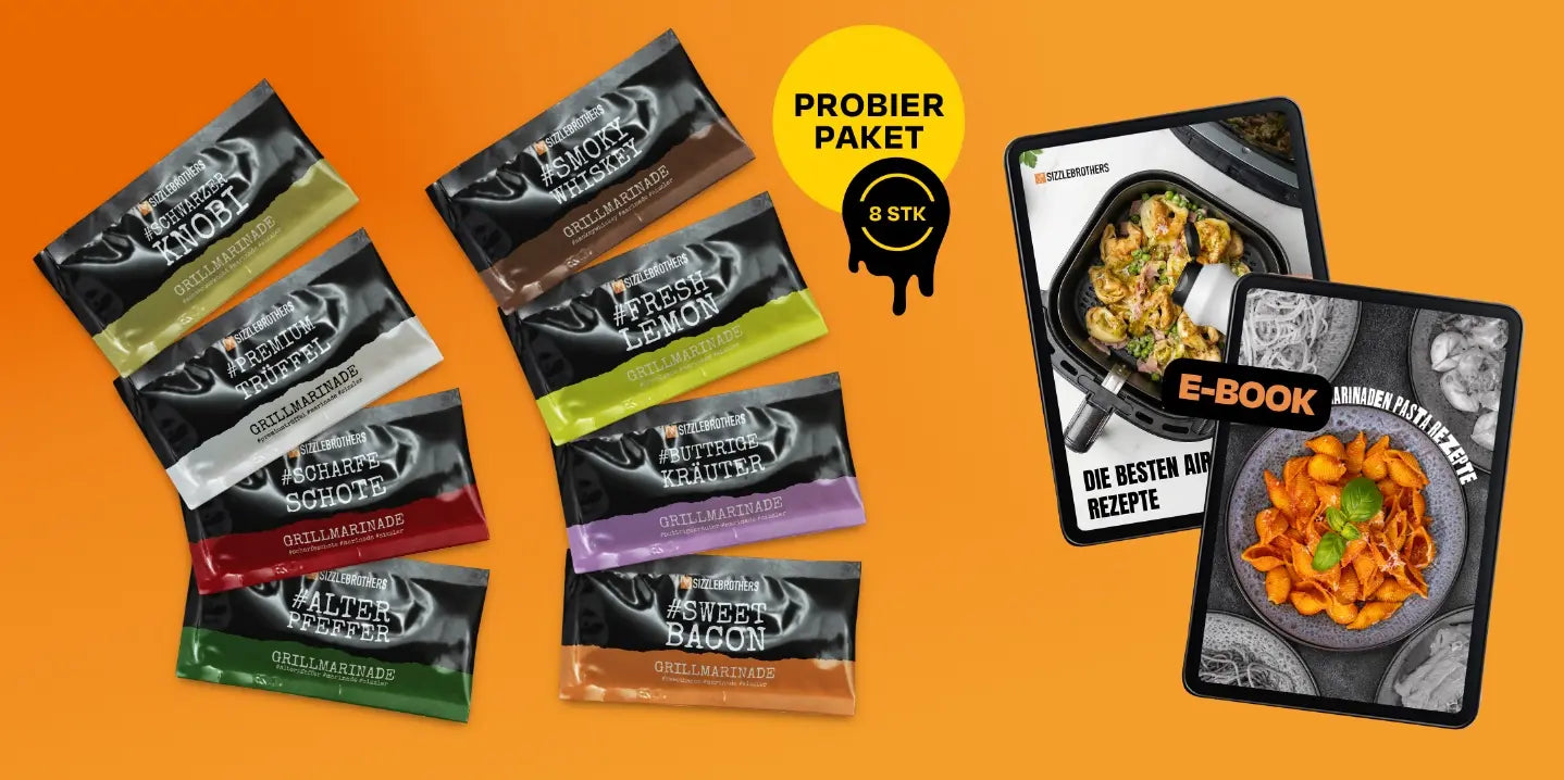 Acht Marinaden-Päckchen auf orangenem Hintergrund und zwei E-Book-Covern neben gelbem "Probier Paket"-Sticker.