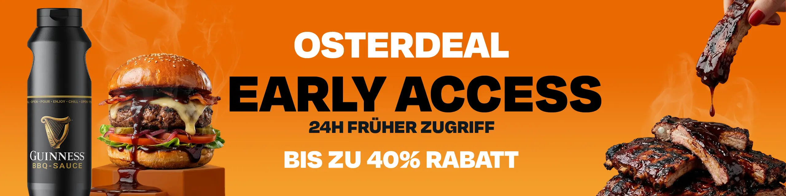 Banner mit Guinness BBQ-Sauce, Burger, Rippchen und "Osterdeal Early Access, bis zu 40 % Rabatt" Text.