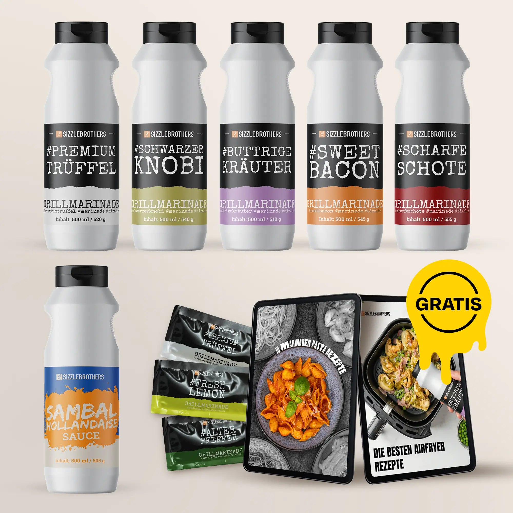 Sechs Grillmarinaden-Flaschen, eine Sauce, drei Marinadenbeutel, zwei Kochbücher und ein "Gratis"-Stempel.