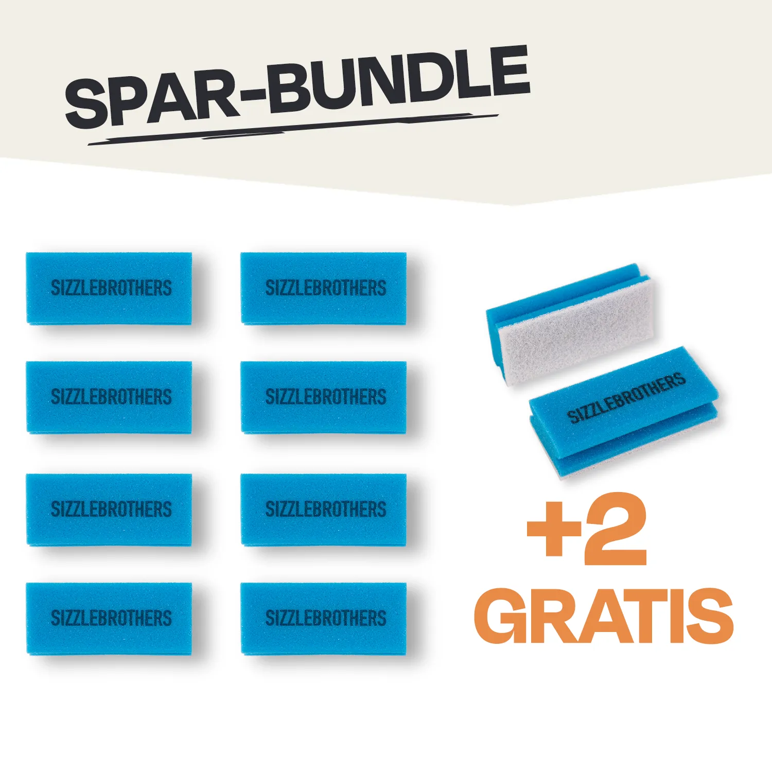 Acht blaue Schwämme mit 'SIZZLEBROTHERS', zwei seitlich gezeigt, '+2 Gratis'.