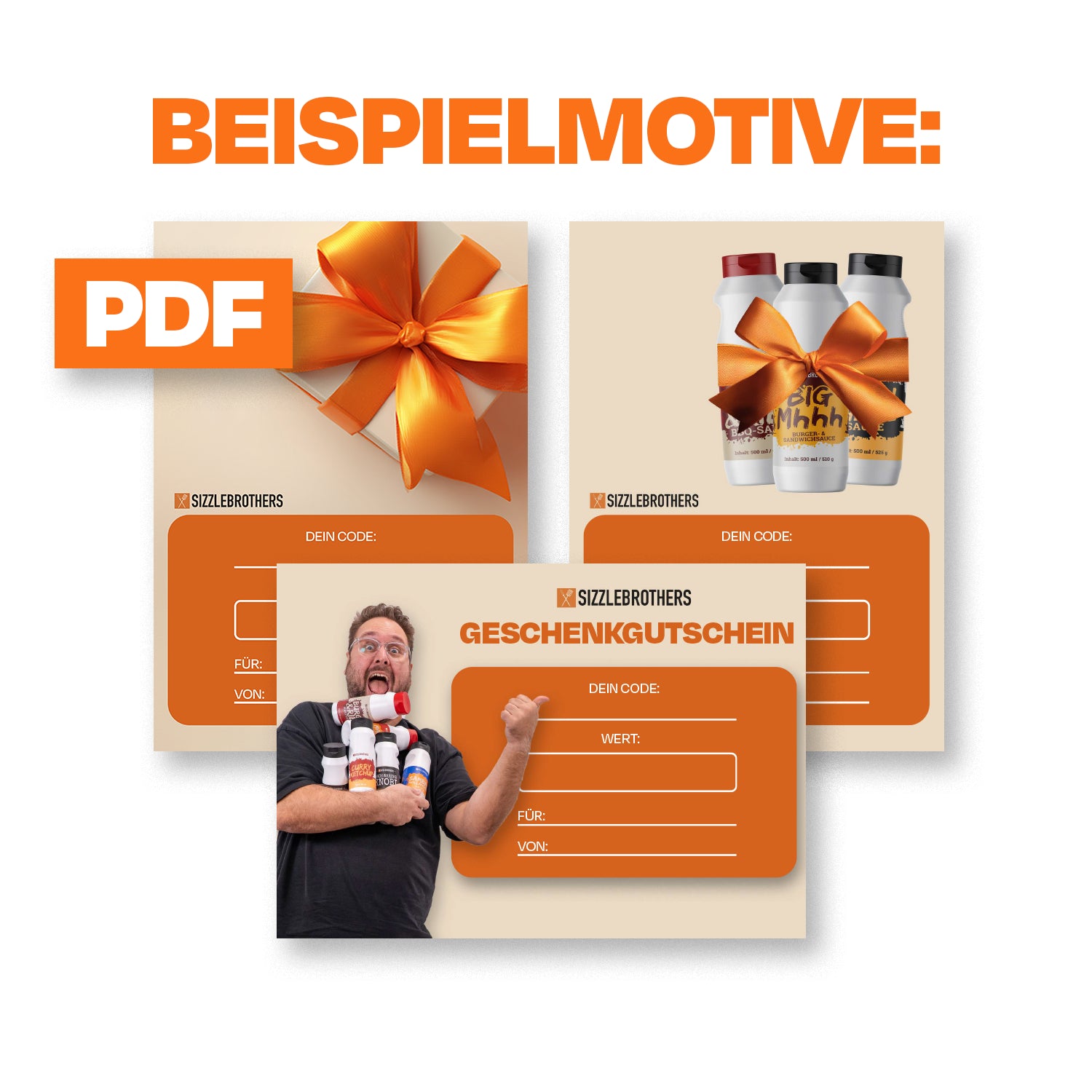 Geschenkgutscheine mit Flaschen und Schleife, Text: PDF, Beispielmotive.