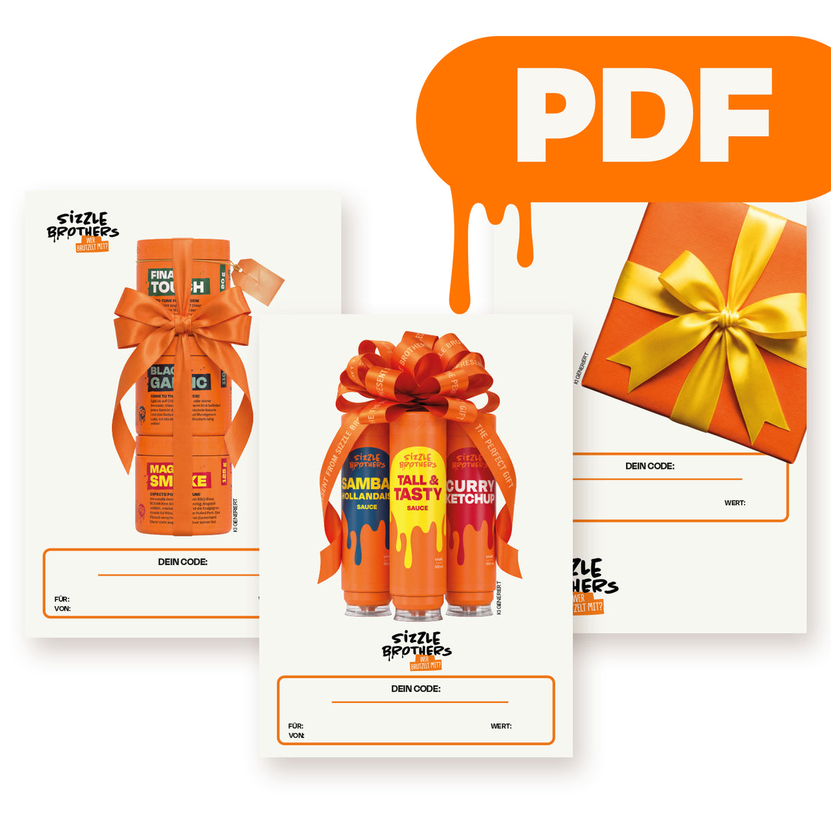 Drei Gutscheine mit orangenen Schleifen und der Aufschrift „PDF“ im orangen Sprechblasen-Logo.