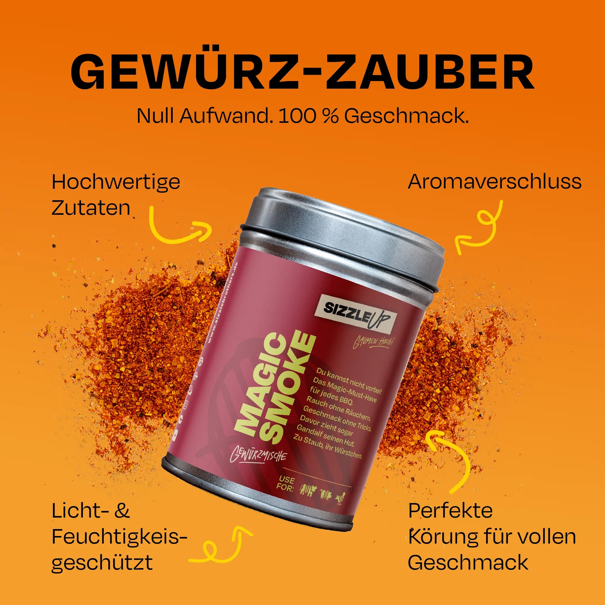 Dose Magic Smoke Gewürz mit Text über hochwertige Zutaten