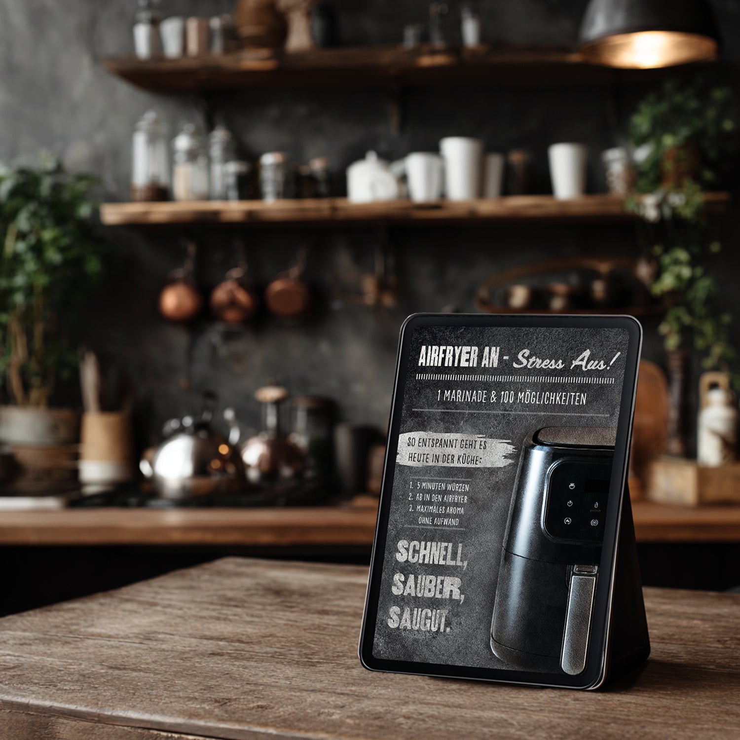 Airfryer-Werbung auf einem digitalen Display in einer rustikalen Küche.