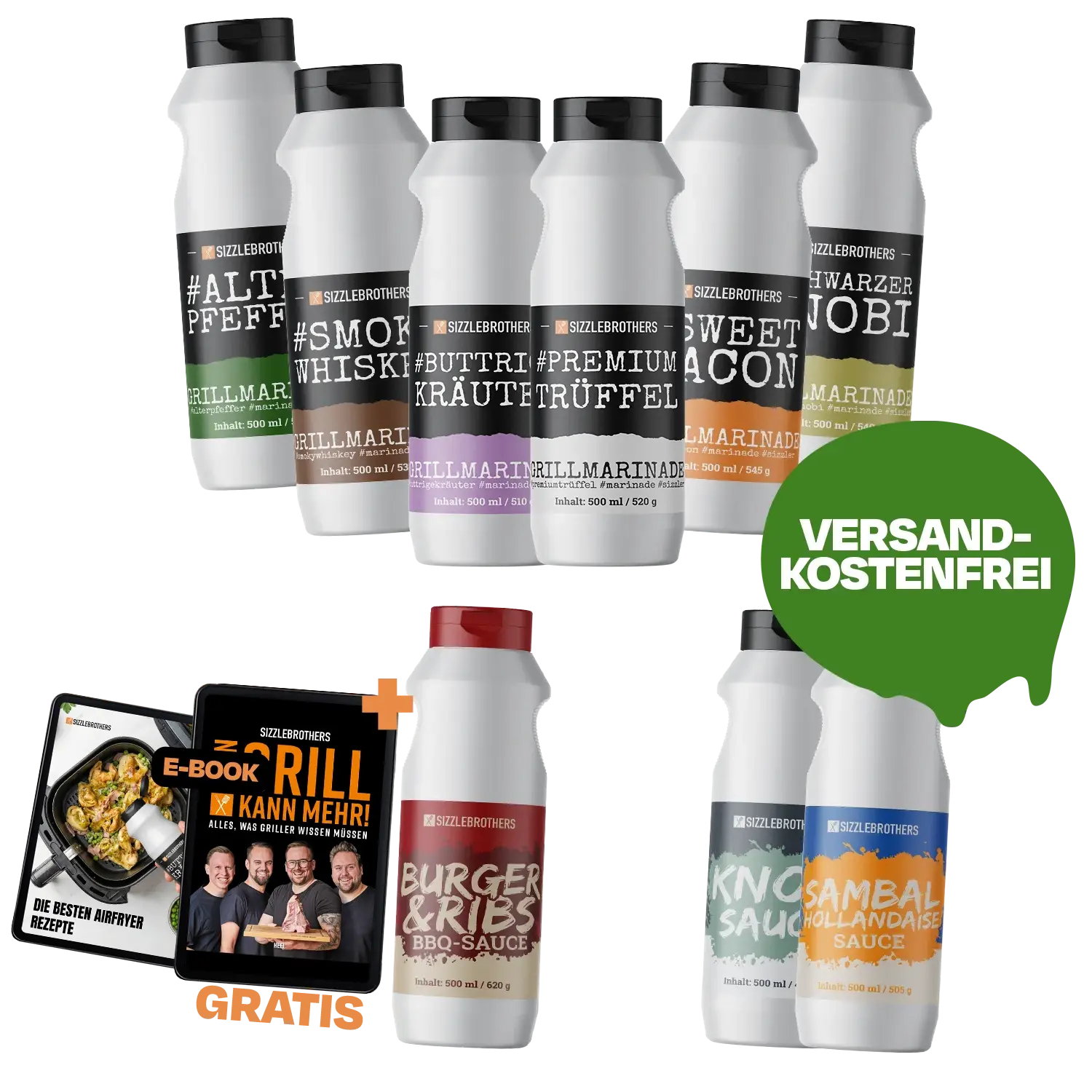 Verschiedene Grillmarinaden-Flaschen und ein E-Book mit der Aufschrift: VERSANDKOSTENFREI