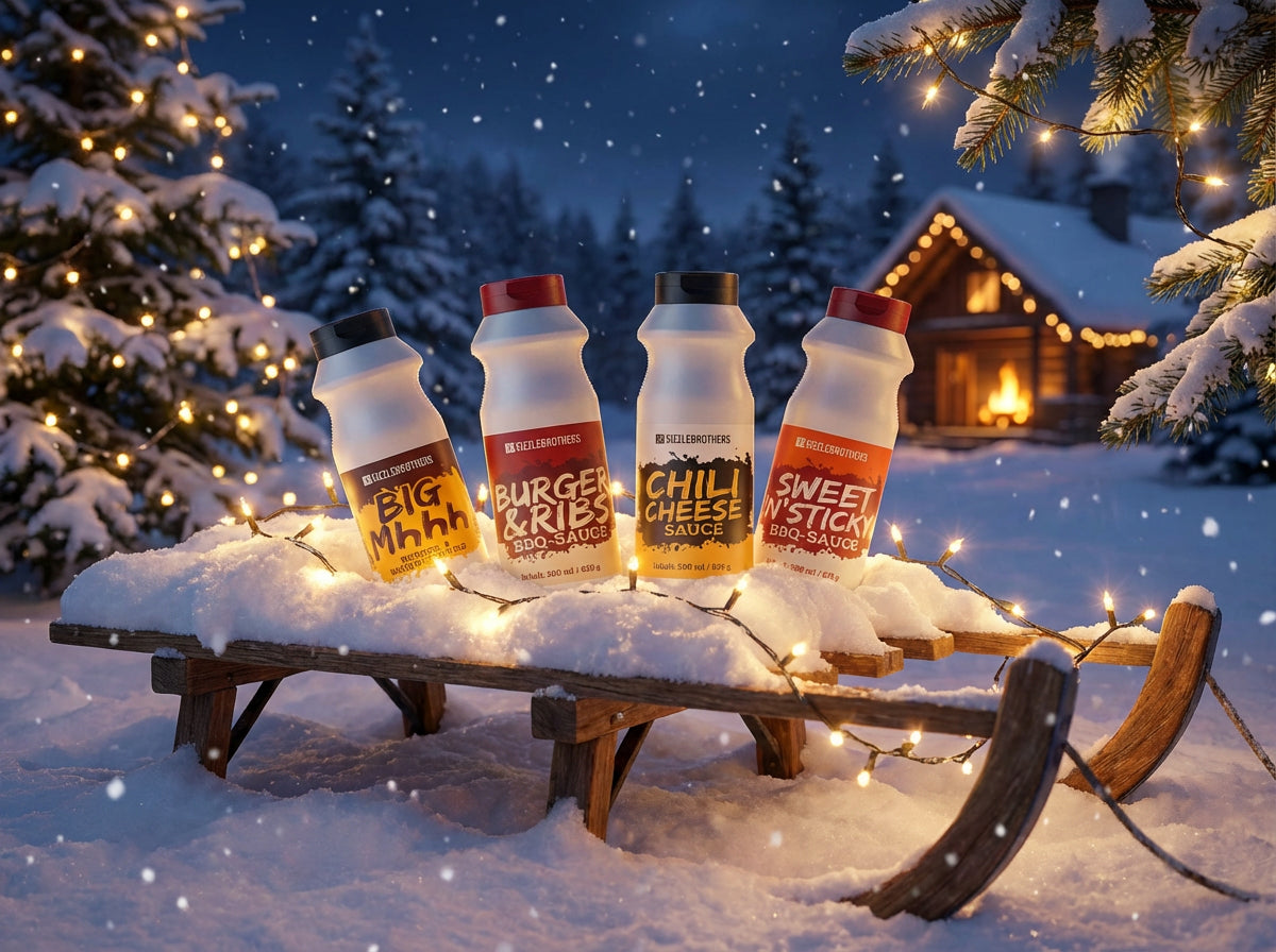 Vier Saucenflaschen stehen auf einem schneebedeckten Schlitten bei Nacht.