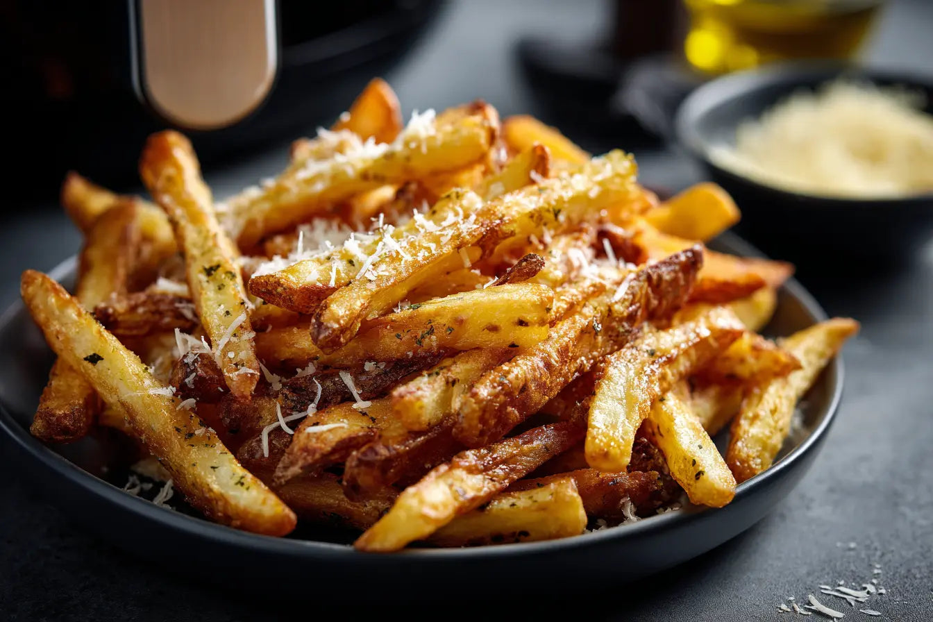 Eine Schale Pommes frites mit geriebenem Käse auf dunklem Tisch.