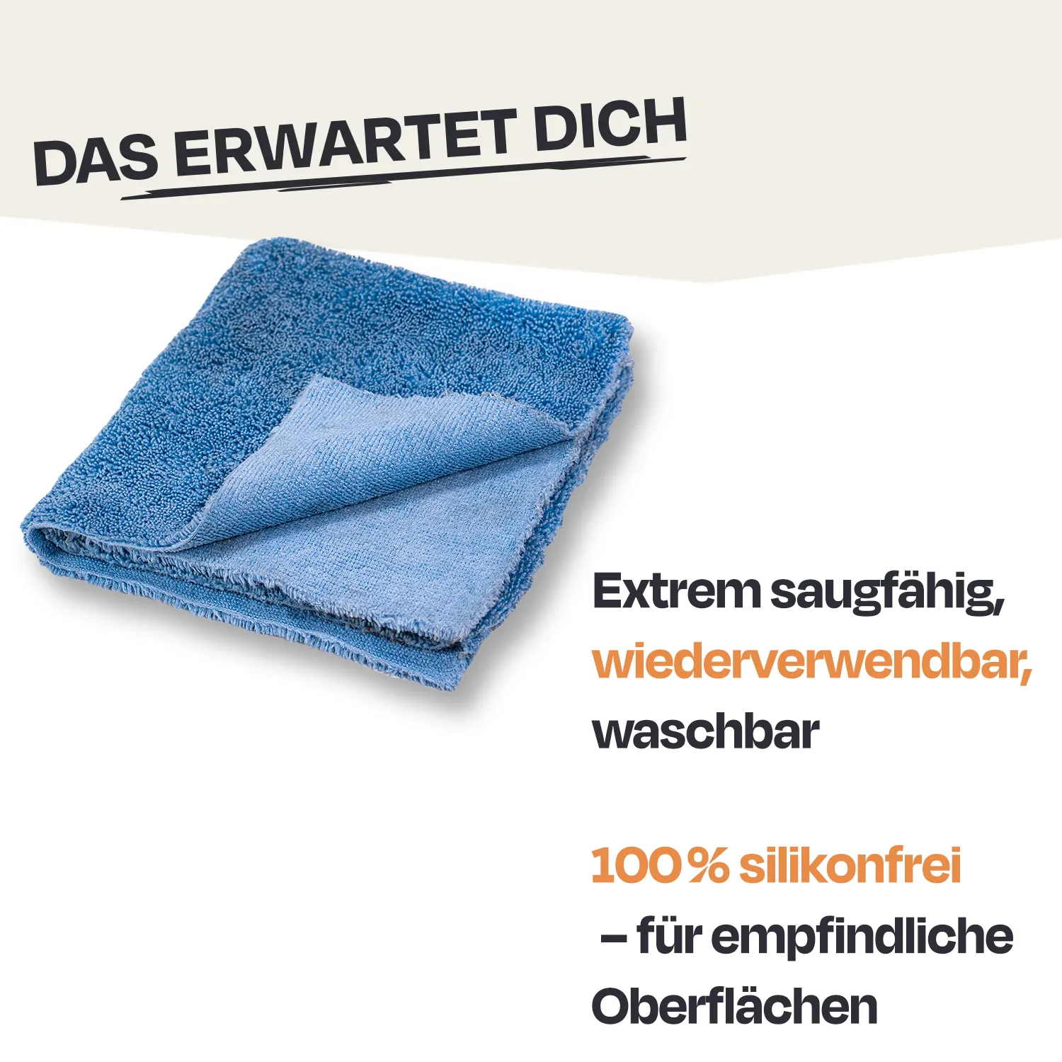 Werbebild fĂĽr waschbares, silikonfreies Mikrofaserhandtuch.