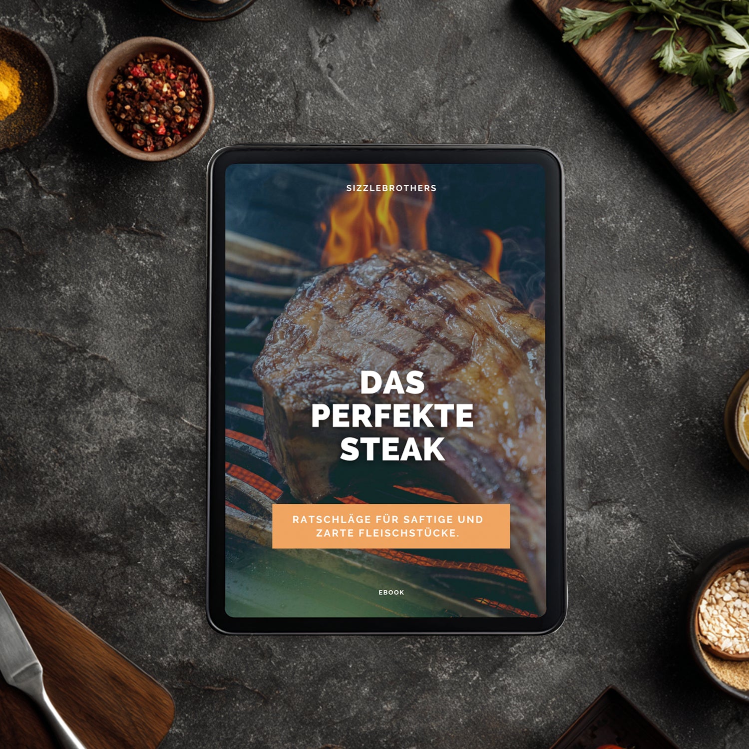 Nahaufnahme eines Steaks auf Grillrost mit Flammen. Text: 'Das perfekte Steak.'