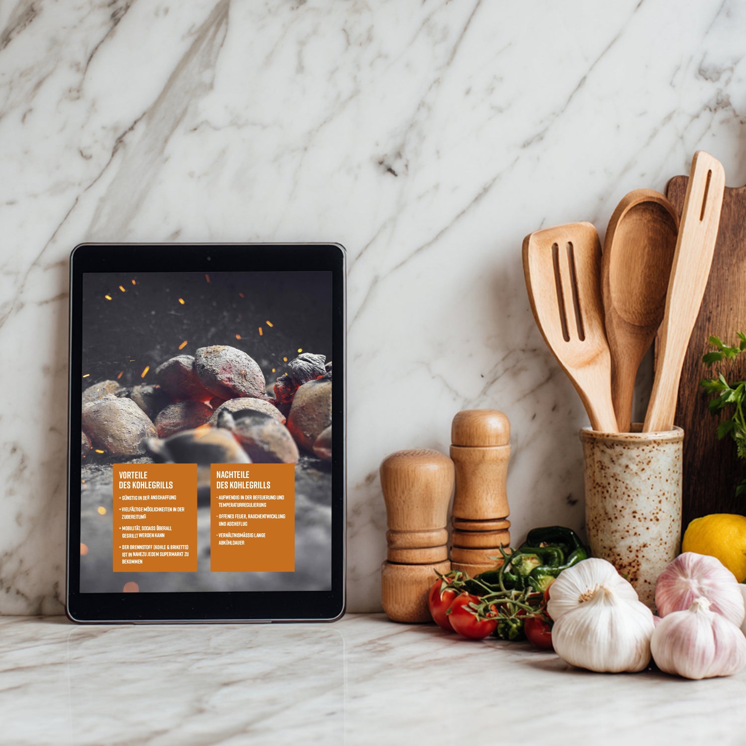 Tablet mit einem Artikel über Vorteile und Nachteile von Kohlegrills.