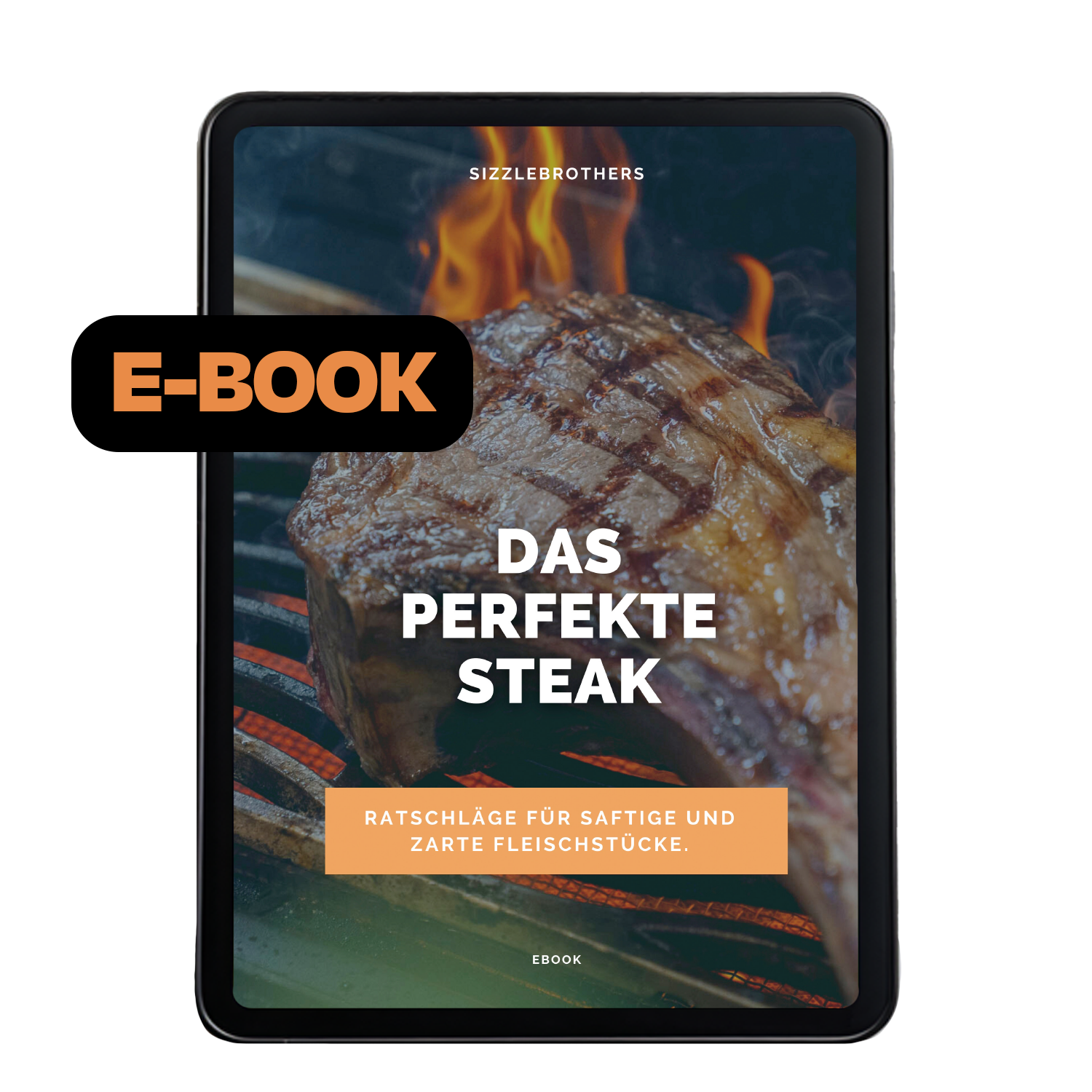 Nahaufnahme eines Steaks mit Flammen. Text: 'Das perfekte Steak, Ratschläge für zarte Stücke.'