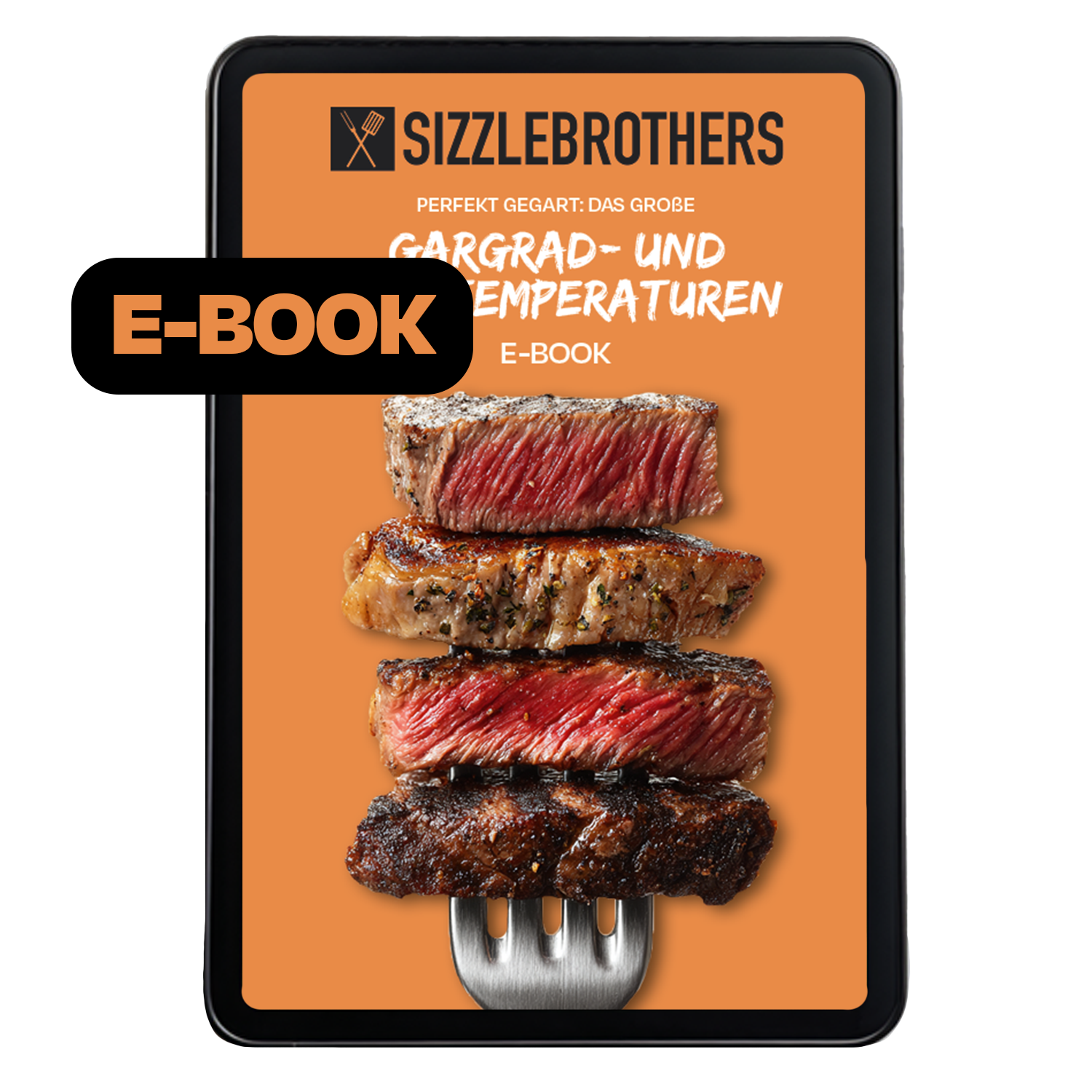 E-Book-Cover: Sizzlebrothers Gargrad- und Gartemperaturen mit gebratenem Fleisch.