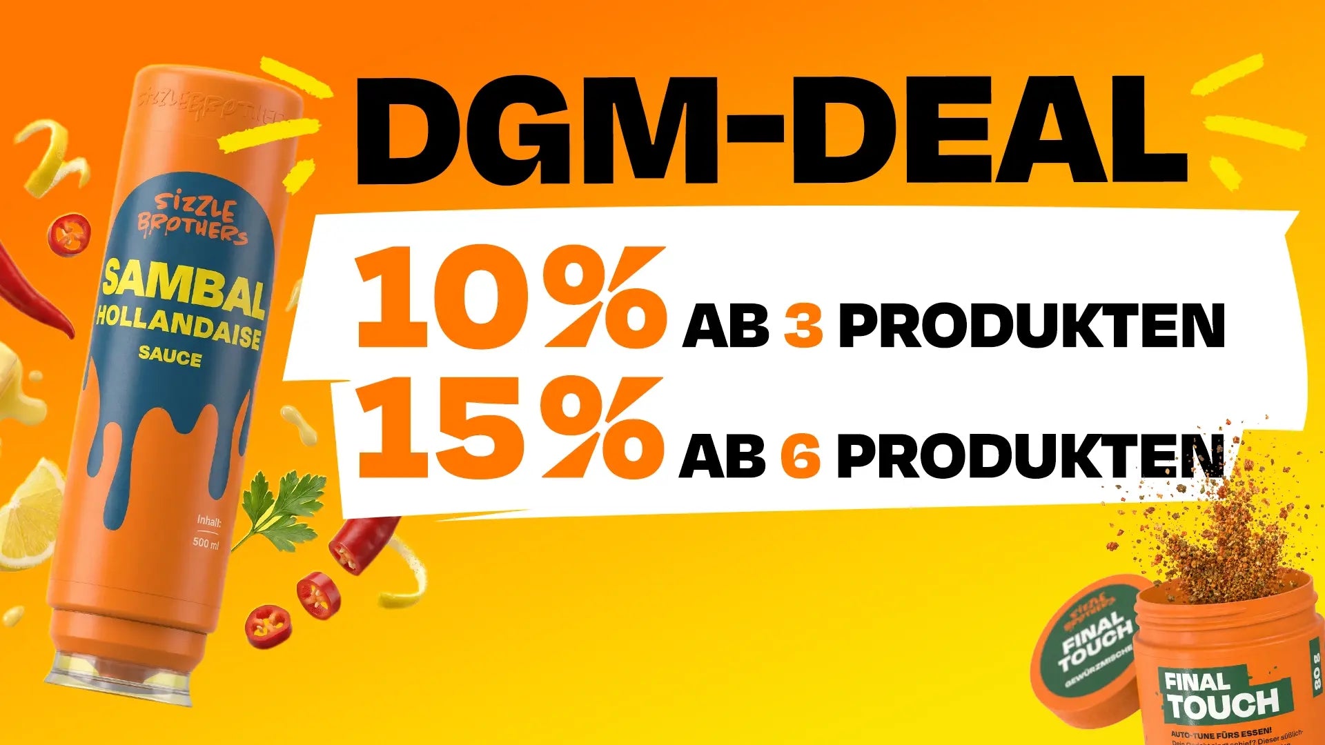 DGM-Deal: 10% ab 3 und 15% ab 6 Produkten mit Gewürzglas auf gelbem Hintergrund.