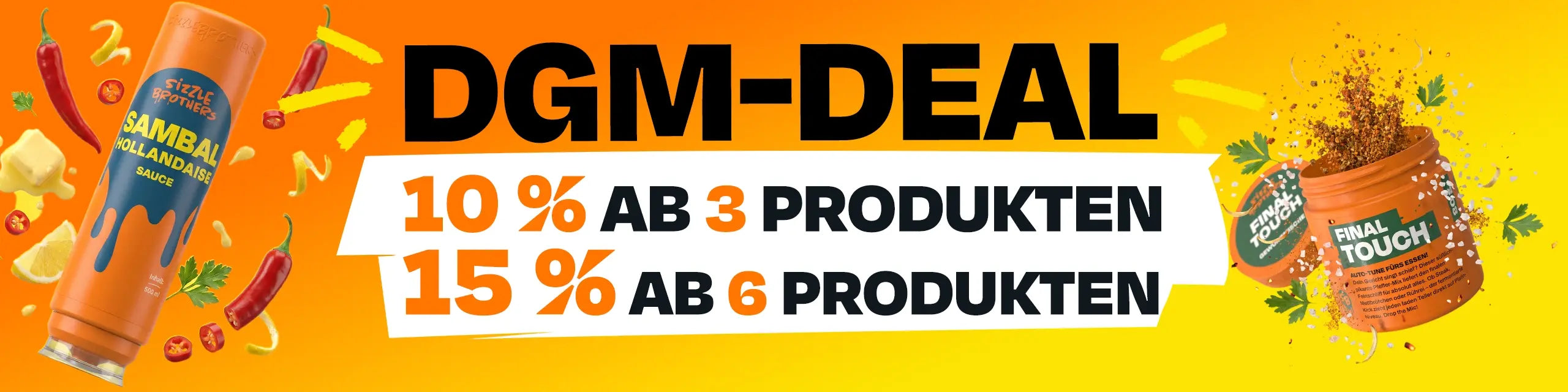 DGM-Deal mit Prozentrabatten und Gewürzdosen auf orangefarbenem Hintergrund.