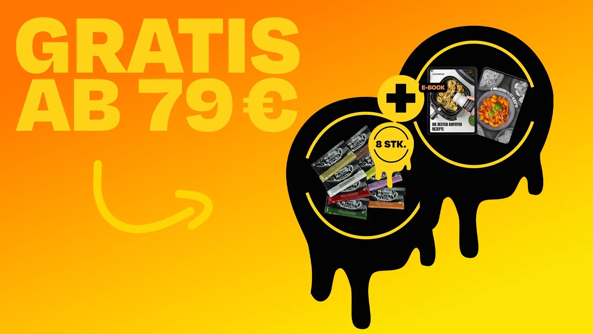 Gelber Hintergrund mit schwarzer Grafik, Text: Gratis ab 79 €, E-Book und acht Saucen.