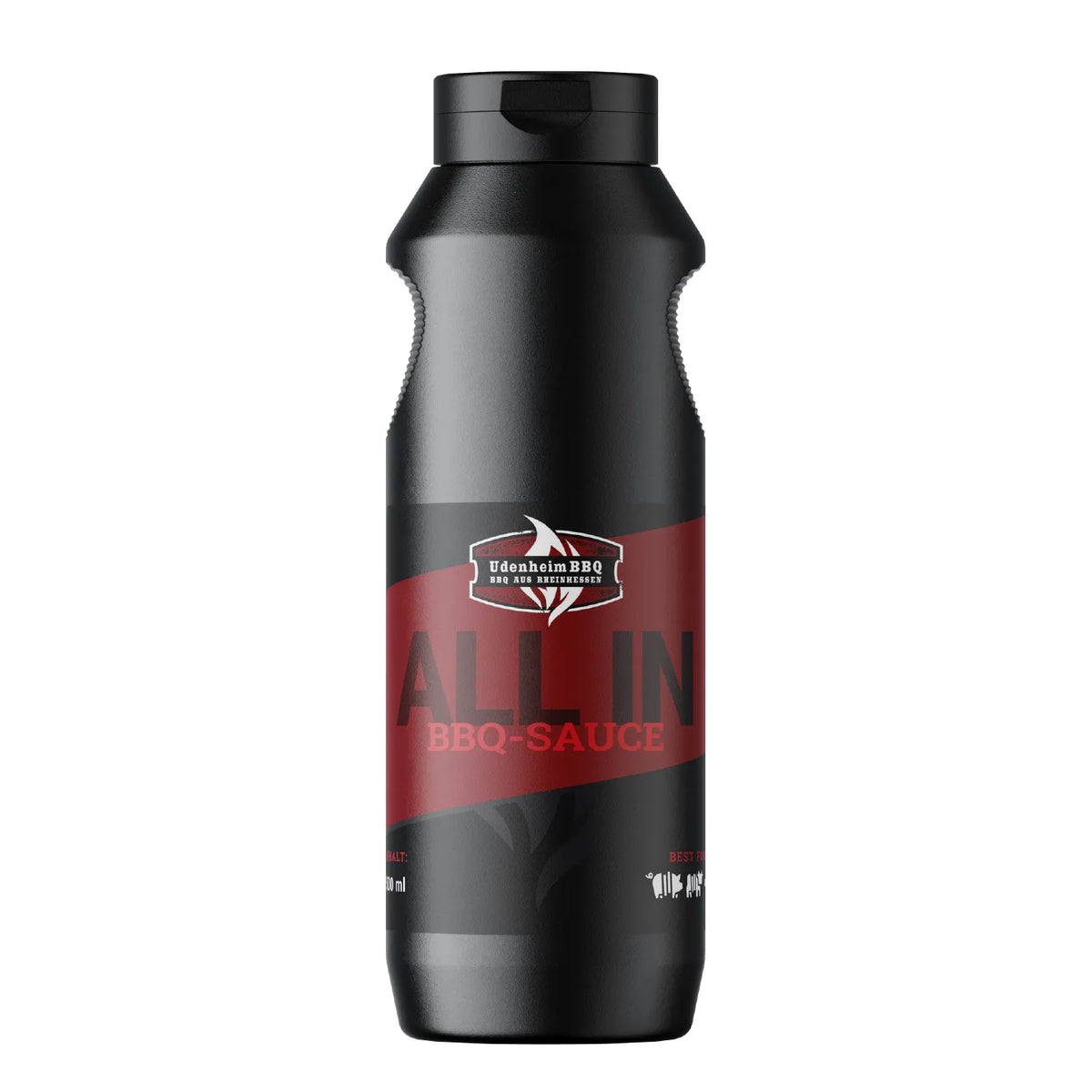 Schwarze Flasche, schwarze Kappe, Etikett: ALL IN BBQ-SAUCE.
