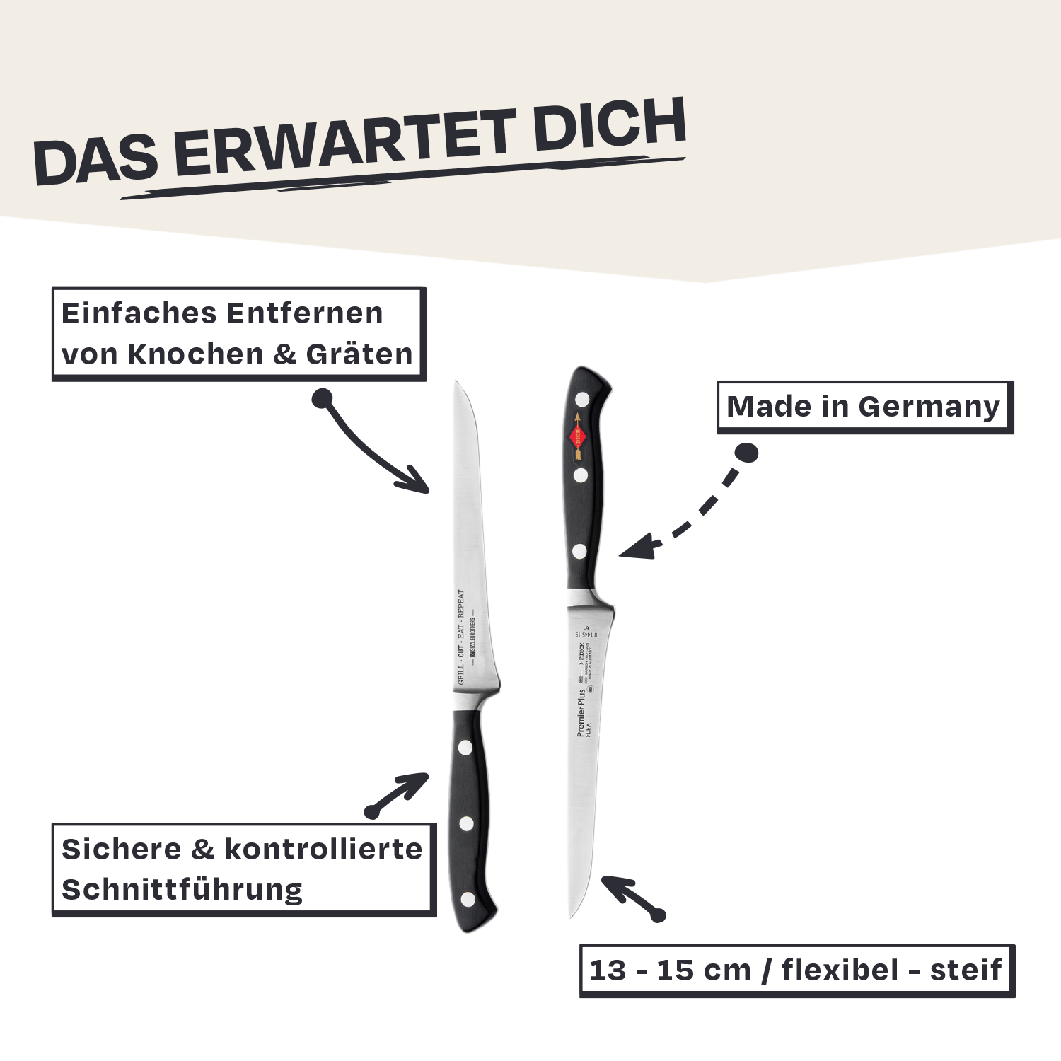 Zwei Messer, eines flexibel und eines steif, Made in Germany, 13-15 cm Klinge.