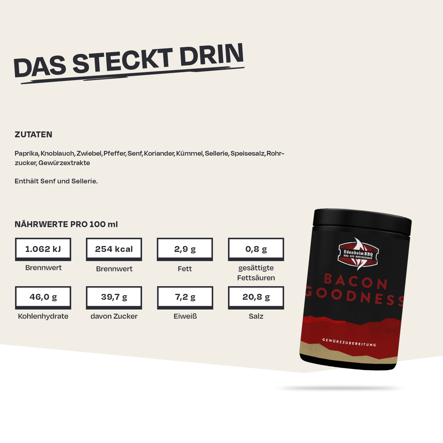 Bacon Goodness Gewürzmischung mit Zutaten und Nährwertangaben.