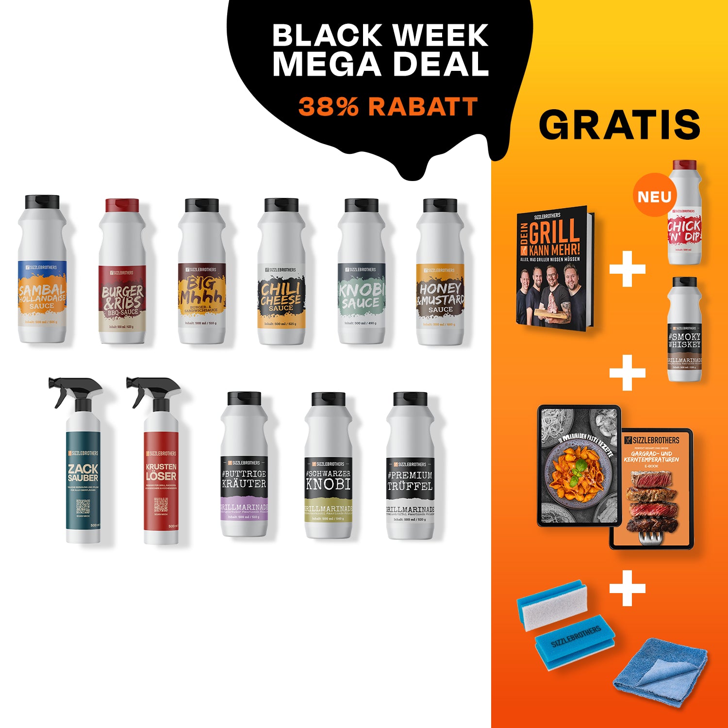 Saucenflaschen, Text: Black Week Mega Deal 38% Rabatt, Gratisartikel abgebildet.