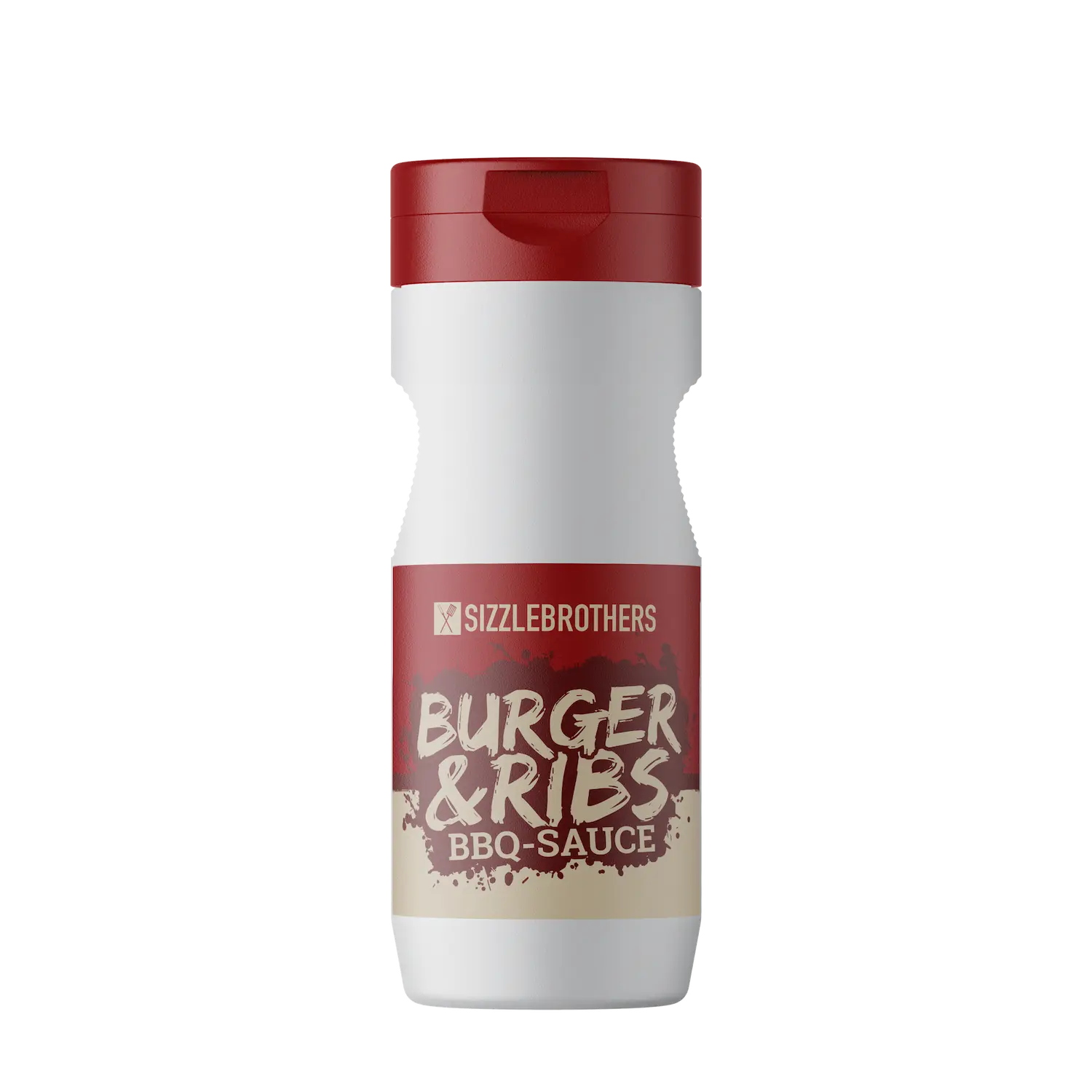 Weiße Flasche mit rotem Deckel, beschriftet mit 'Burger & Ribs BBQ-Sauce'.