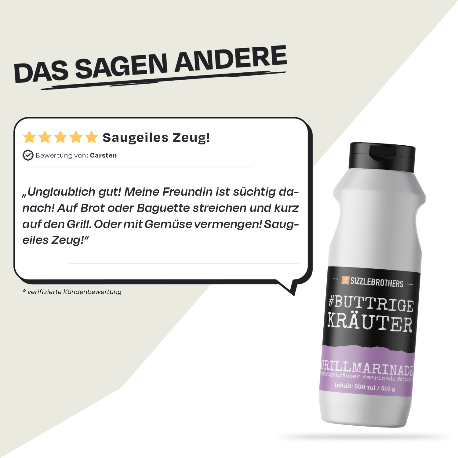 Flasche "#BUTTRIGE KRÄUTER" mit positivem Kundenkommentar daneben.