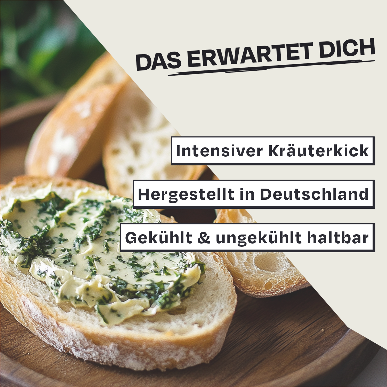 Brot mit Kräuterbutter bestrichen, daneben Text über Zutaten und Herstellung.